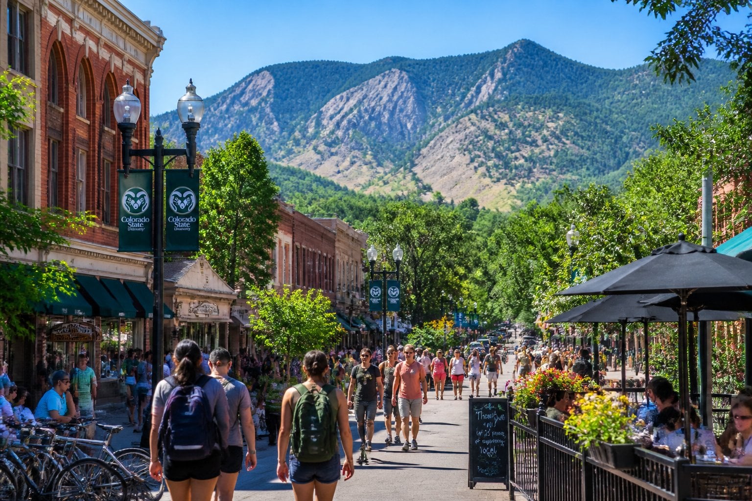 A lively downtown street in Fort Collins, Colorado, with people walking, outdoor cafes, historic buildings, and mountains in the background.