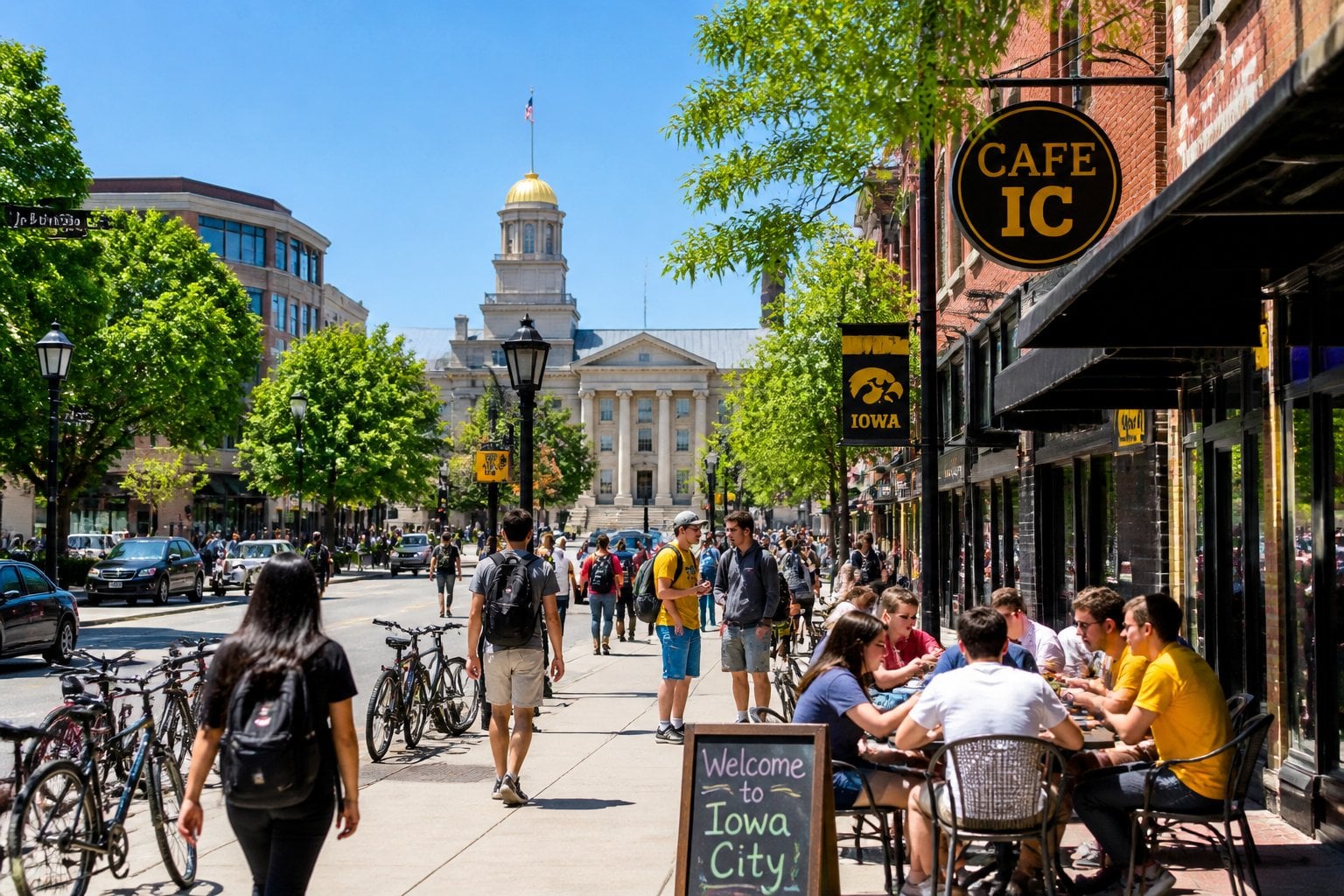 A sunny street scene in Iowa City with college students walking and biking near university buildings and trees.