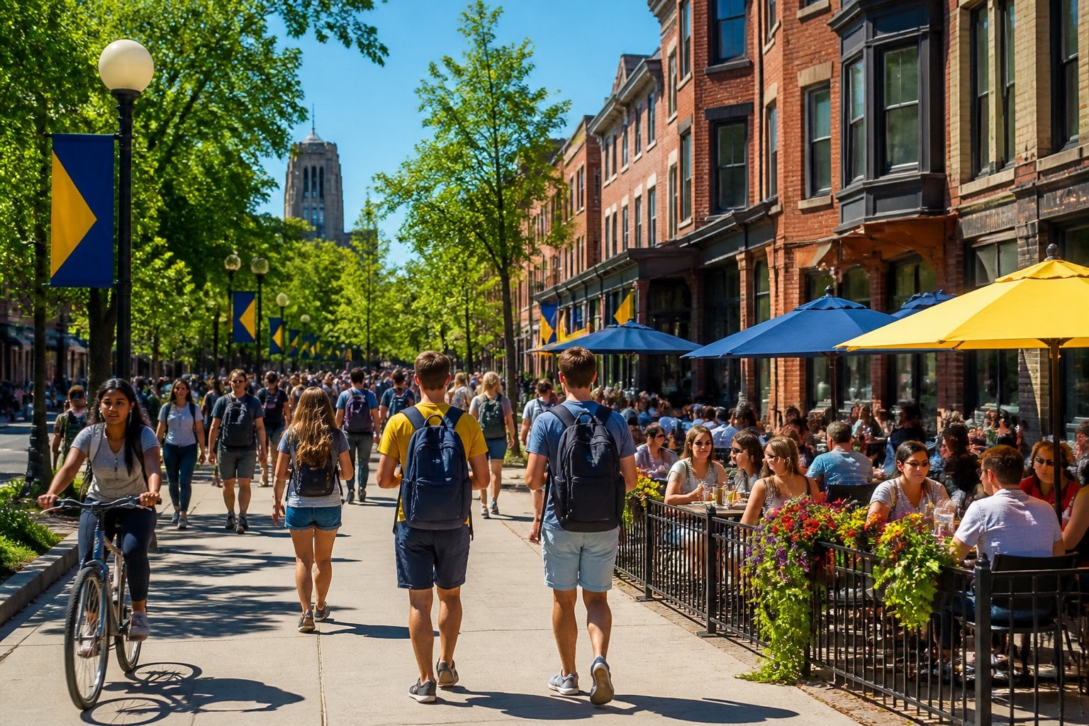 A busy street near the University of Michigan in Ann Arbor with students walking, outdoor cafes, and historic brick buildings under a clear sky.