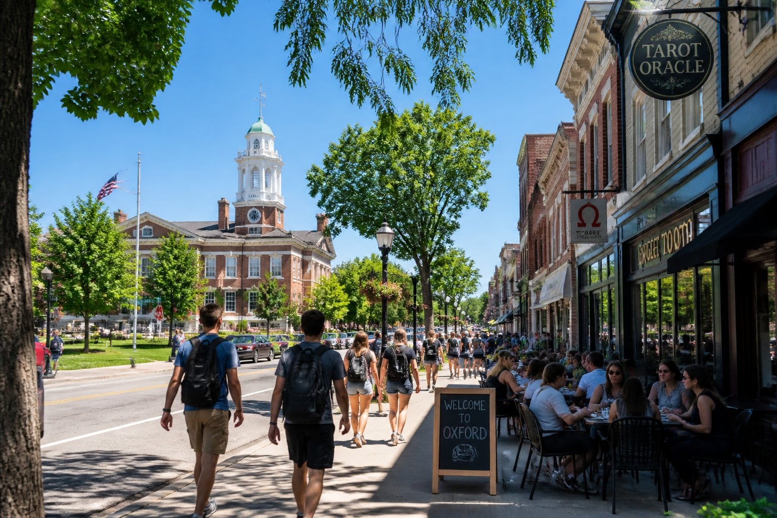 A lively college town with historic buildings, green lawns, people walking, and outdoor cafes on a sunny day.
