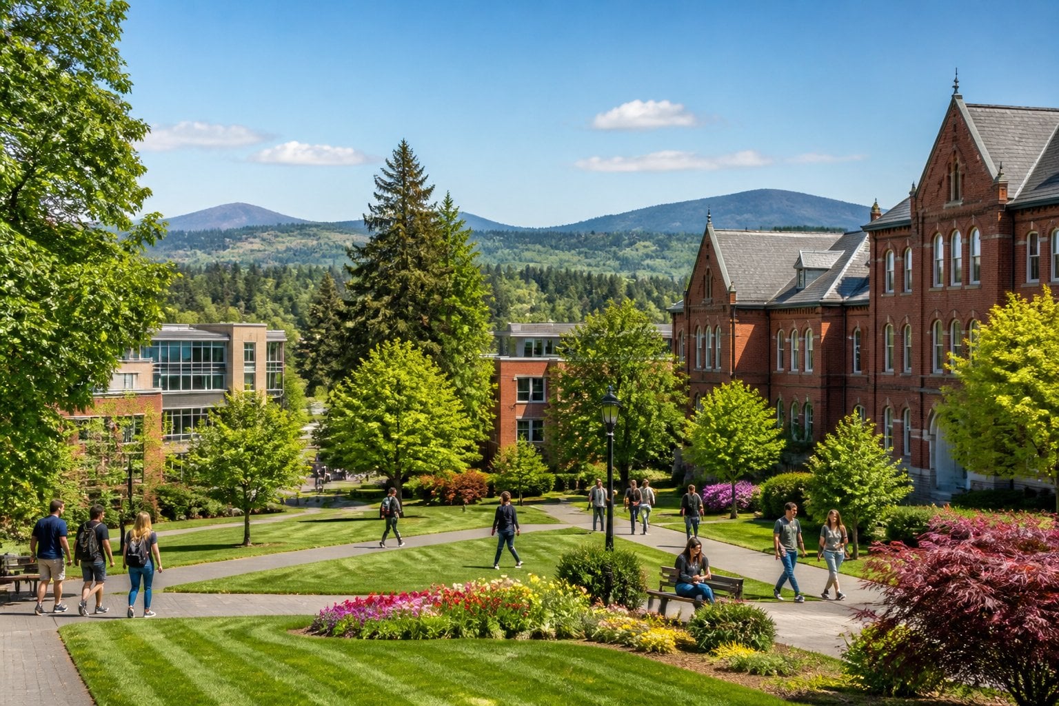 A sunny view of a college campus with students walking and sitting outdoors, surrounded by green trees and brick buildings near hills in Salem, Oregon.