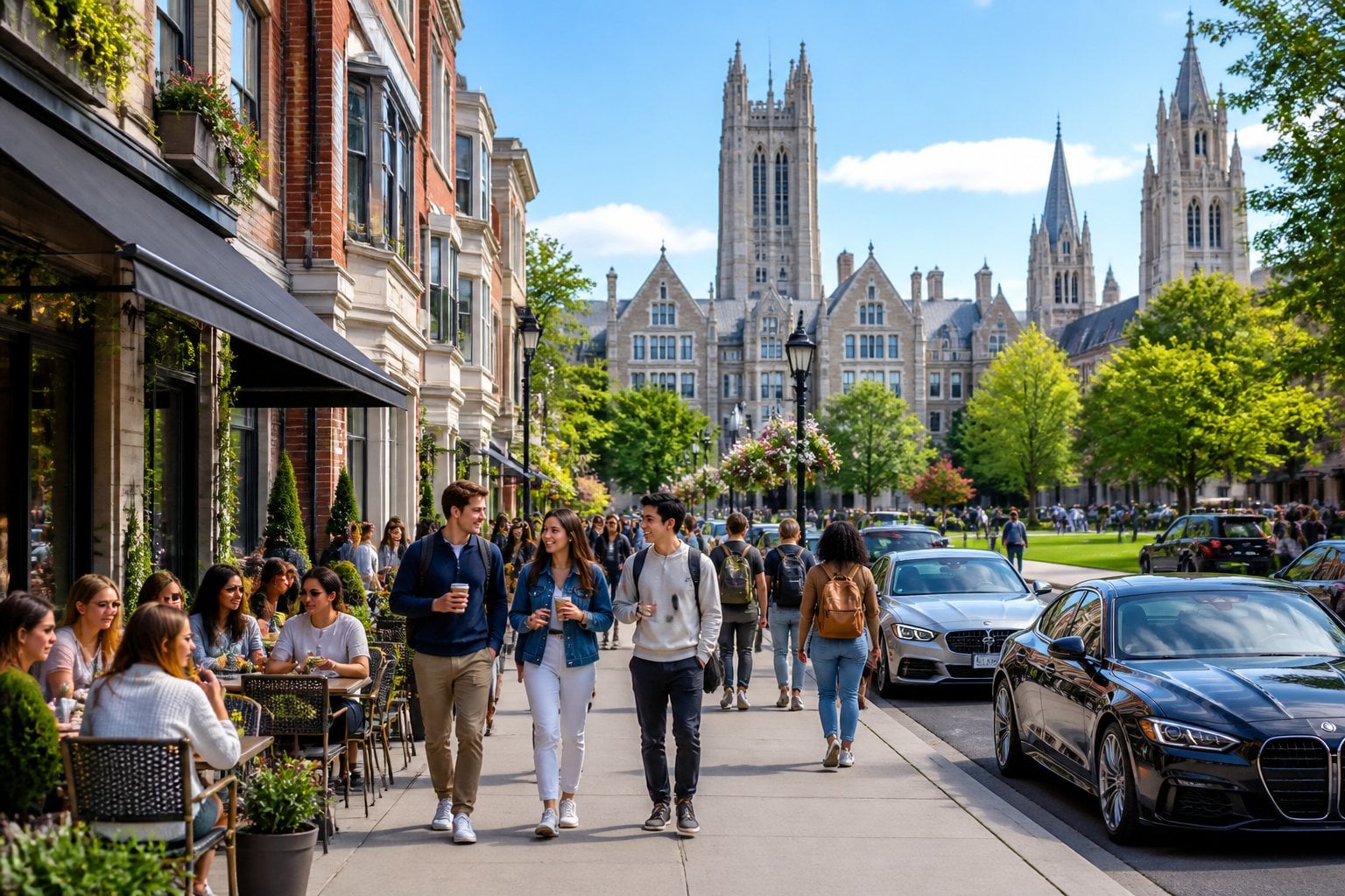 A busy college town street with people walking, shops, cafes, and a university campus in the background on a sunny day.