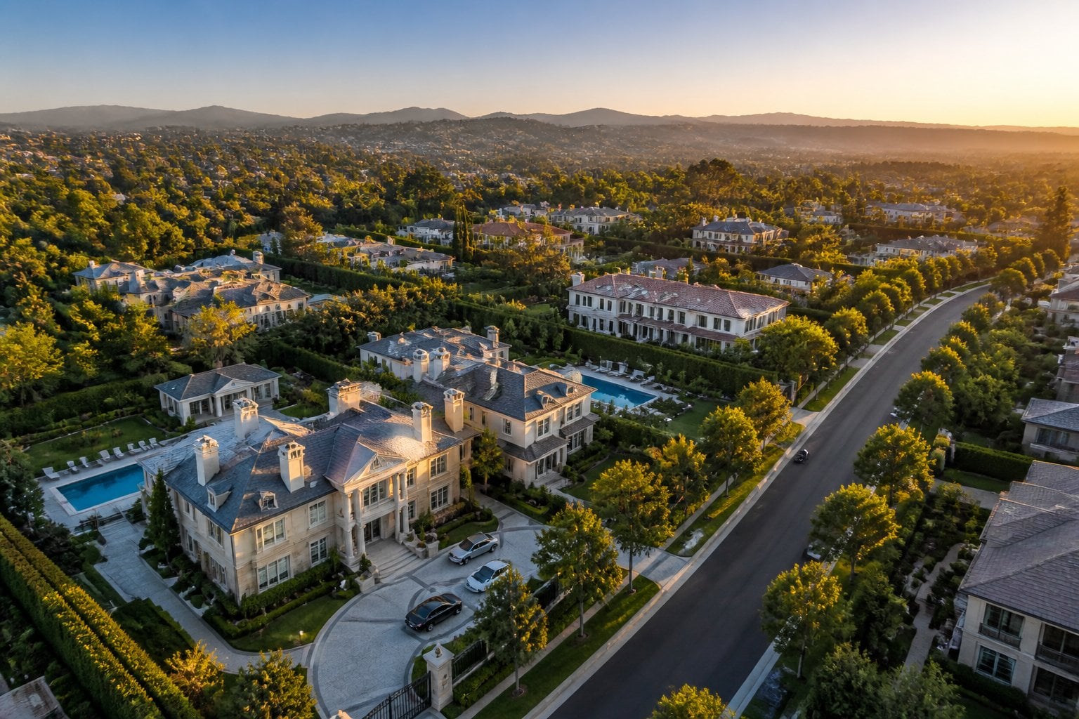 Aerial view of a wealthy residential neighborhood with large houses, green lawns, and luxury cars.