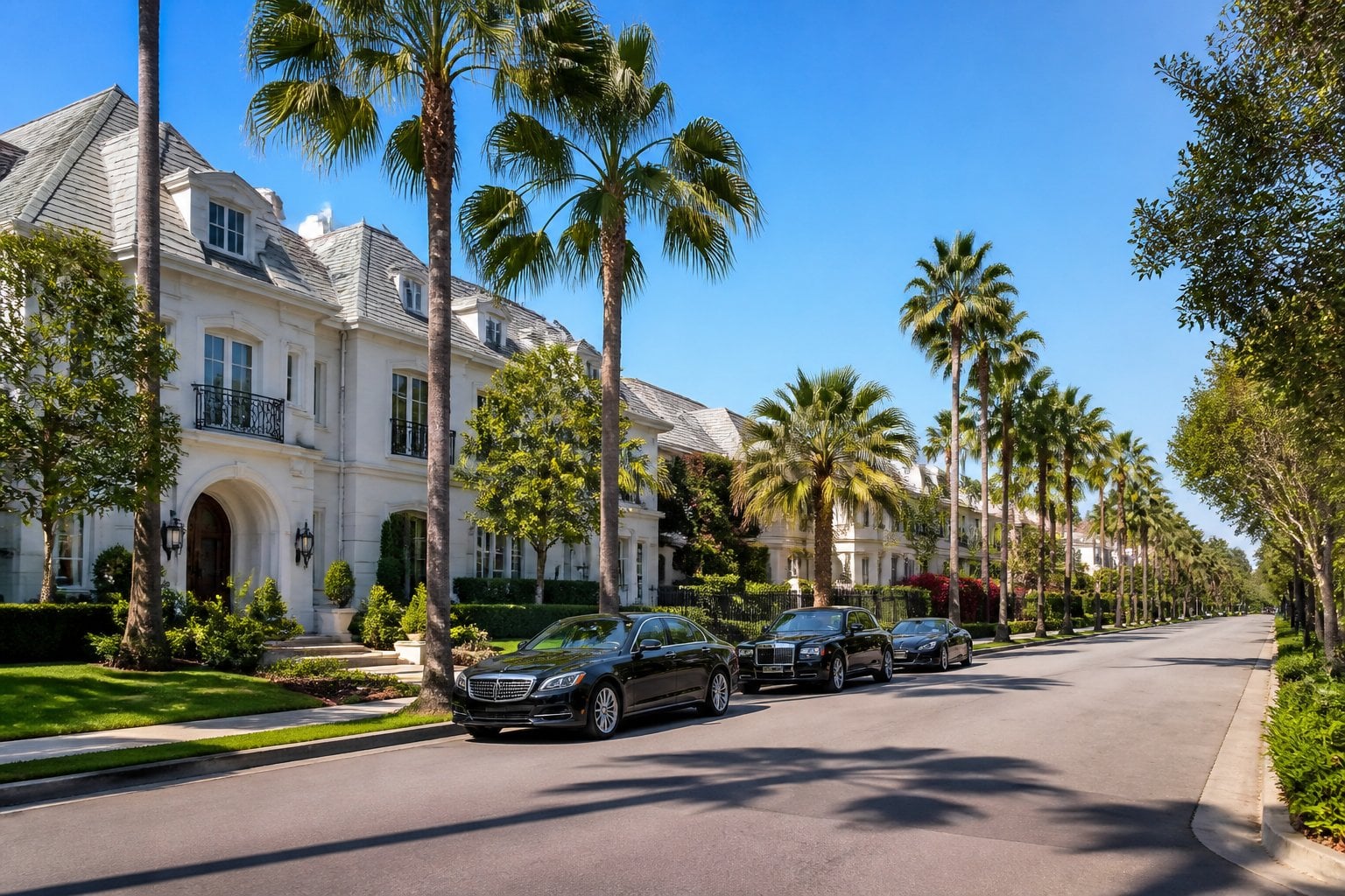A quiet street in Beverly Hills with large mansions, palm trees, and luxury cars under a clear blue sky.