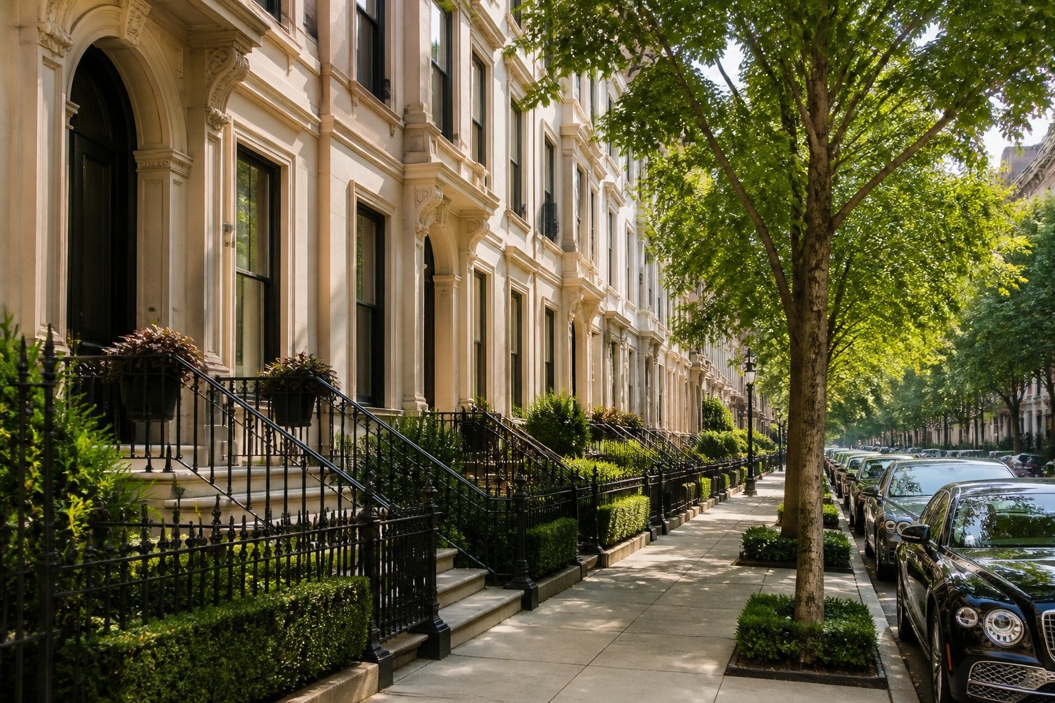 A quiet street in the Upper East Side of New York City lined with elegant brownstone buildings and parked cars.