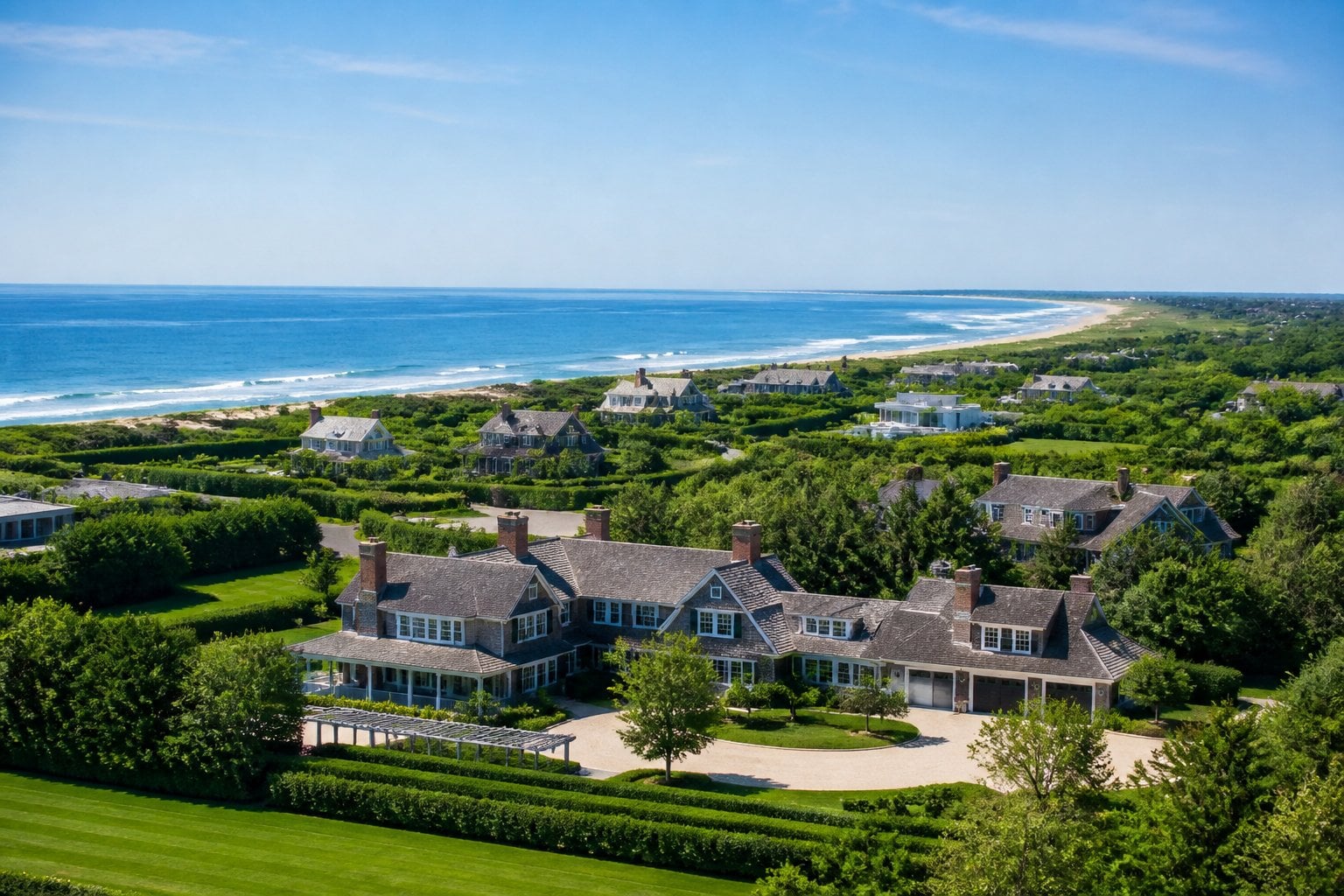 A row of large beachfront homes with manicured lawns and trees along the coast under a clear blue sky.