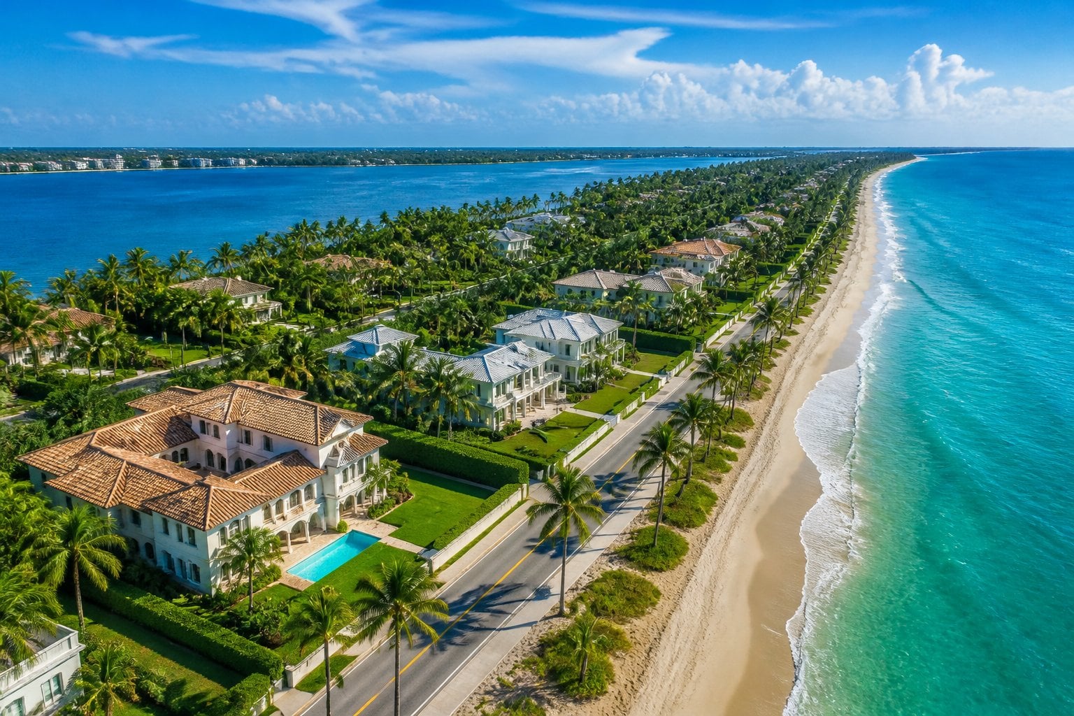 Aerial view of luxury waterfront mansions along a palm tree-lined shore with clear blue ocean and white sandy beach.