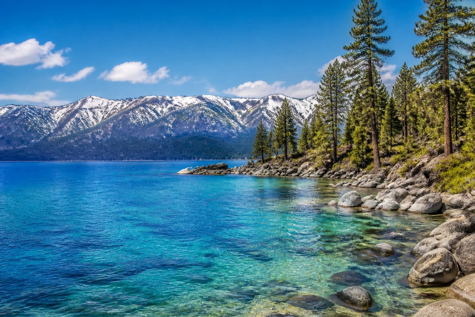 A tranquil lake with clear water, pine trees along the shore, and snow-capped mountains in the background under a blue sky.
