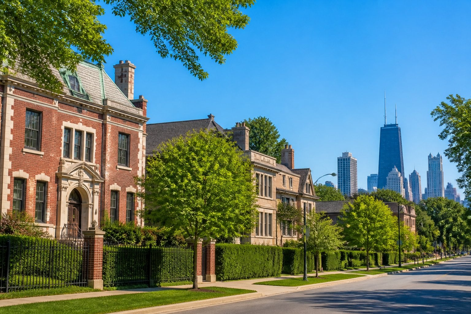 A quiet street in Kenwood, Chicago with large historic homes, trees, and a view of the city skyline in the distance.