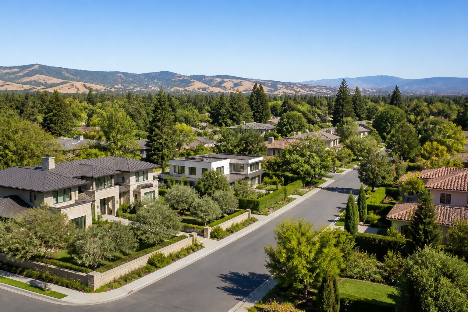 A quiet residential neighborhood with upscale homes, green trees, and hills in the background under a clear blue sky.