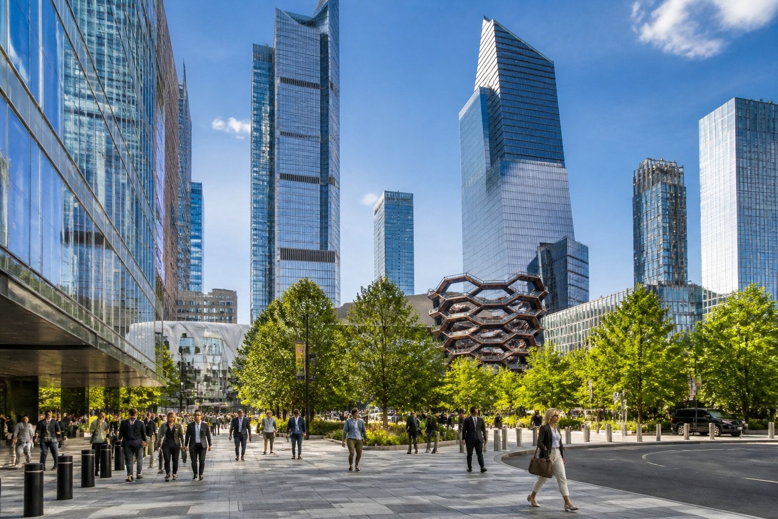 View of tall glass skyscrapers and a busy urban plaza in Hudson Yards, New York City, with people walking and greenery around.