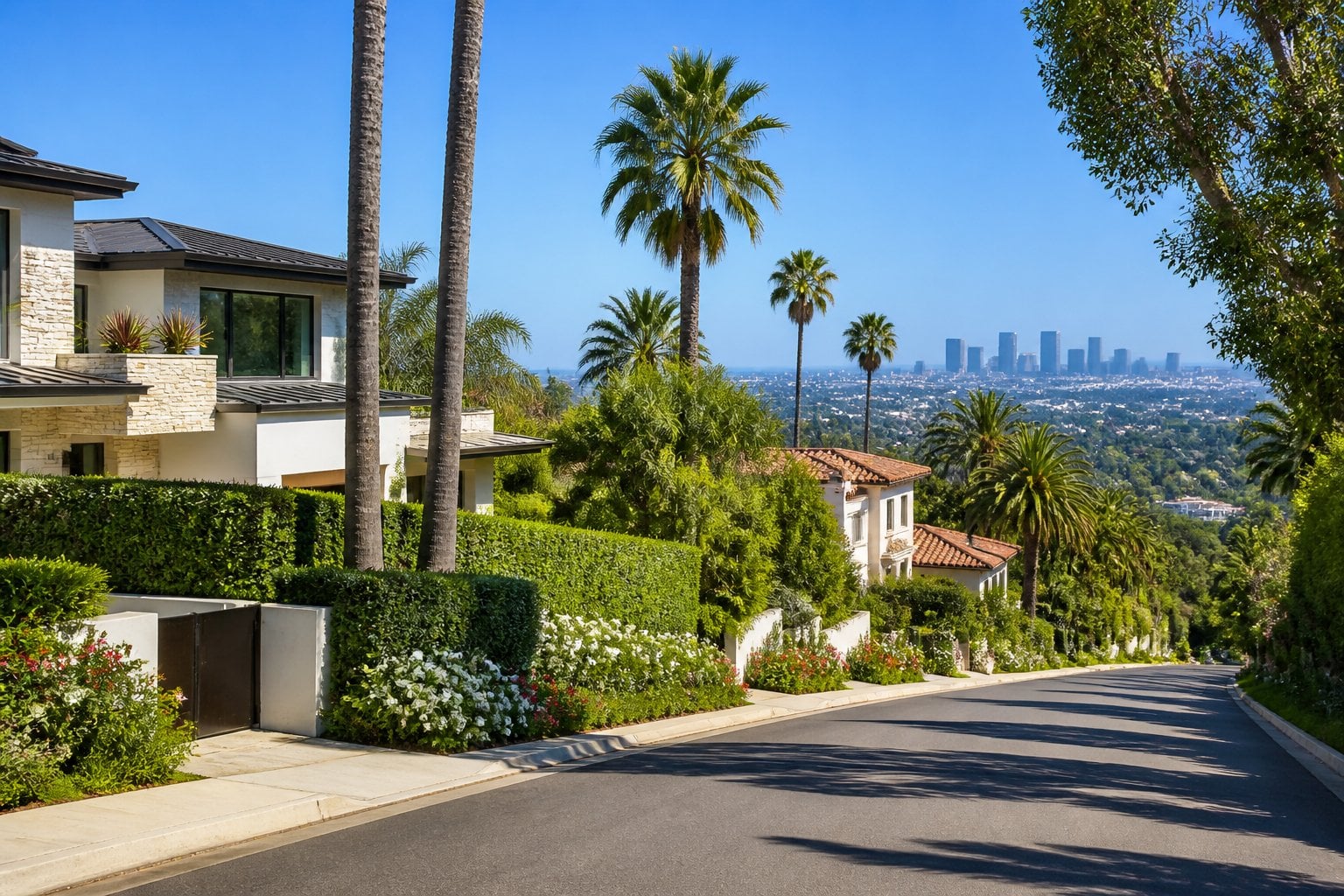 A quiet street in Brentwood, Los Angeles, with large luxury homes, palm trees, and greenery under a clear blue sky.