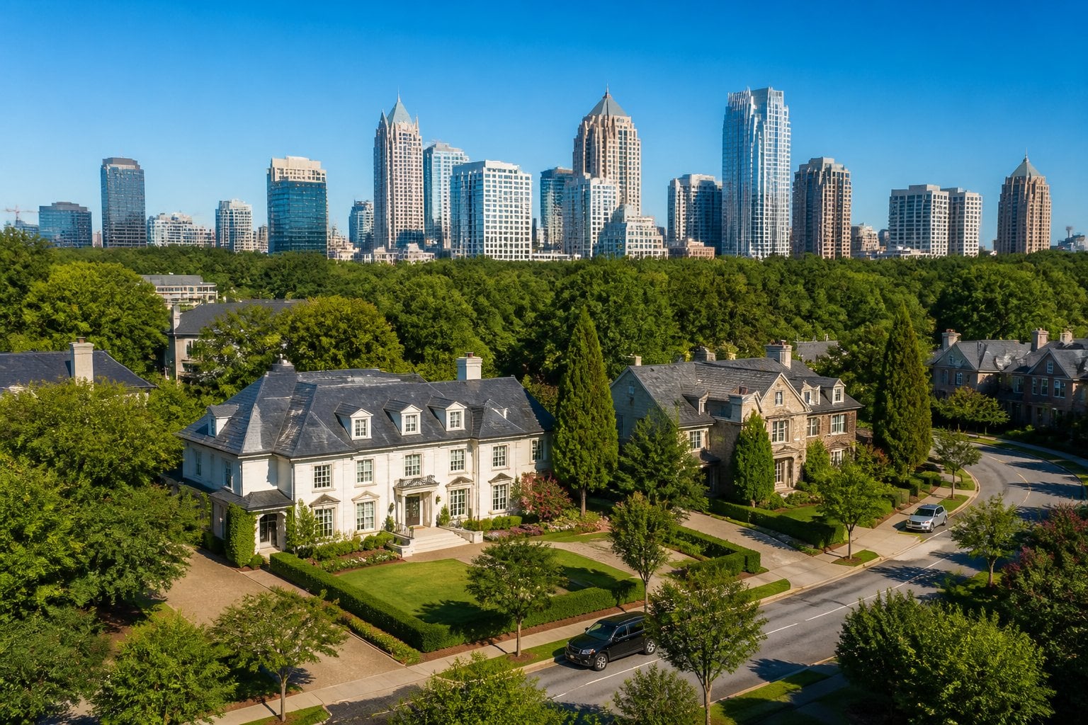 Panoramic view of a luxurious residential neighborhood in Buckhead, Atlanta, with large homes, green lawns, and a city skyline in the background under a clear sky.