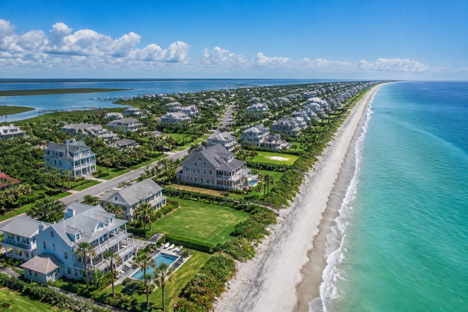Aerial view of a coastal neighborhood with luxury beachfront homes, sandy beaches, ocean, and palm trees under a blue sky.