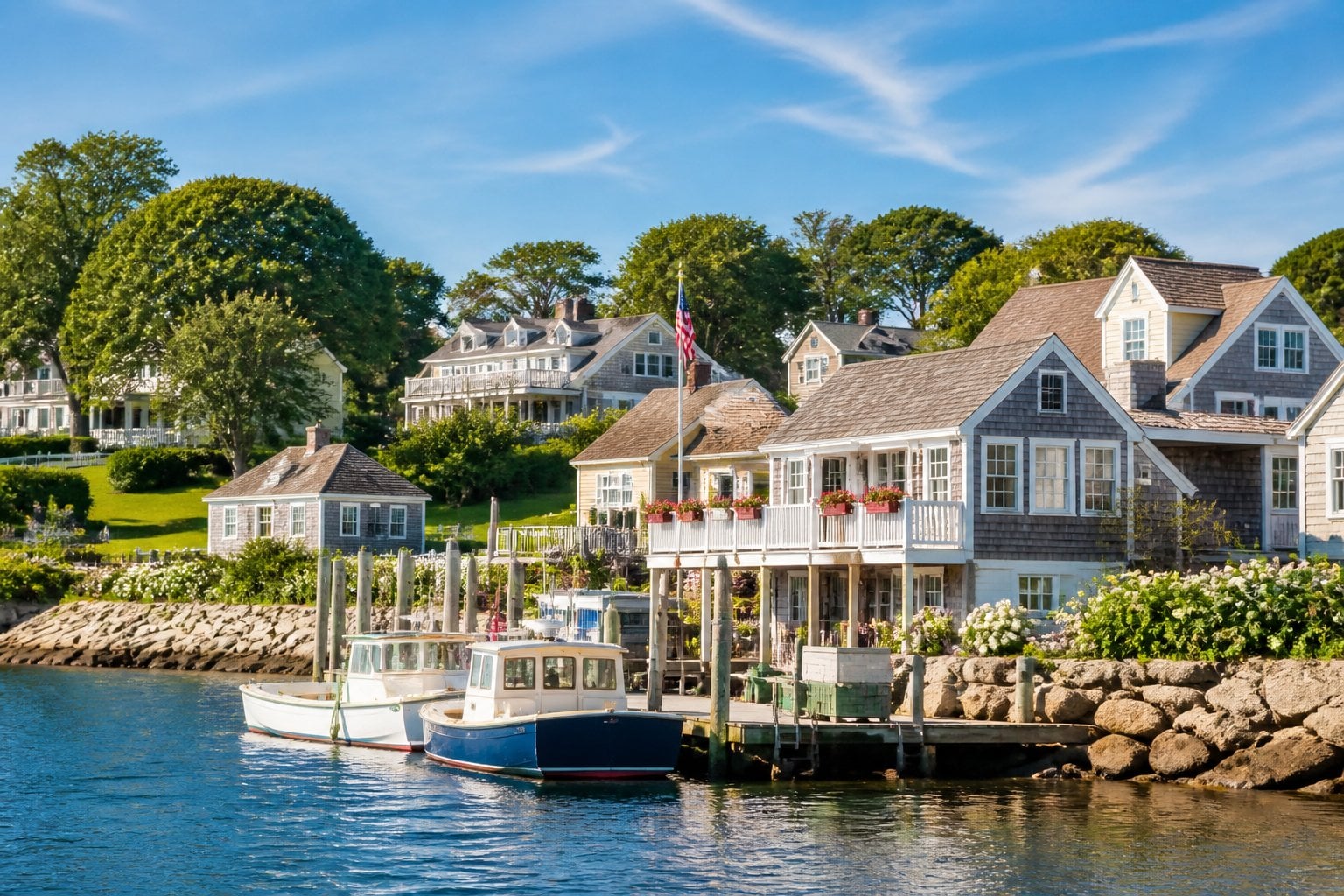 Coastal homes and small fishing boats along a rocky shoreline at Fisherman's Cove in Martha's Vineyard under a clear blue sky.