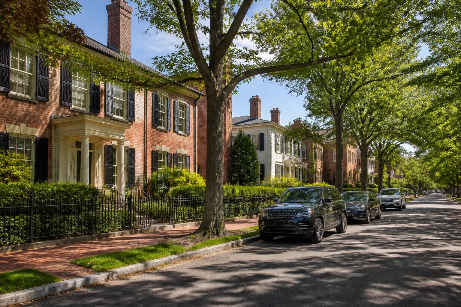 A quiet, tree-lined street with historic brick and colonial-style homes in Cambridge, Massachusetts.