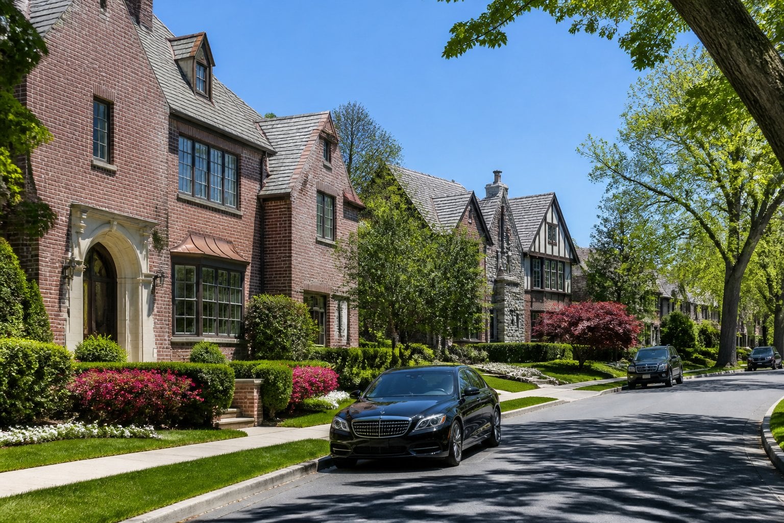 A quiet residential street in Scarsdale Village, NY, showing large elegant homes with manicured lawns and trees under a clear blue sky.