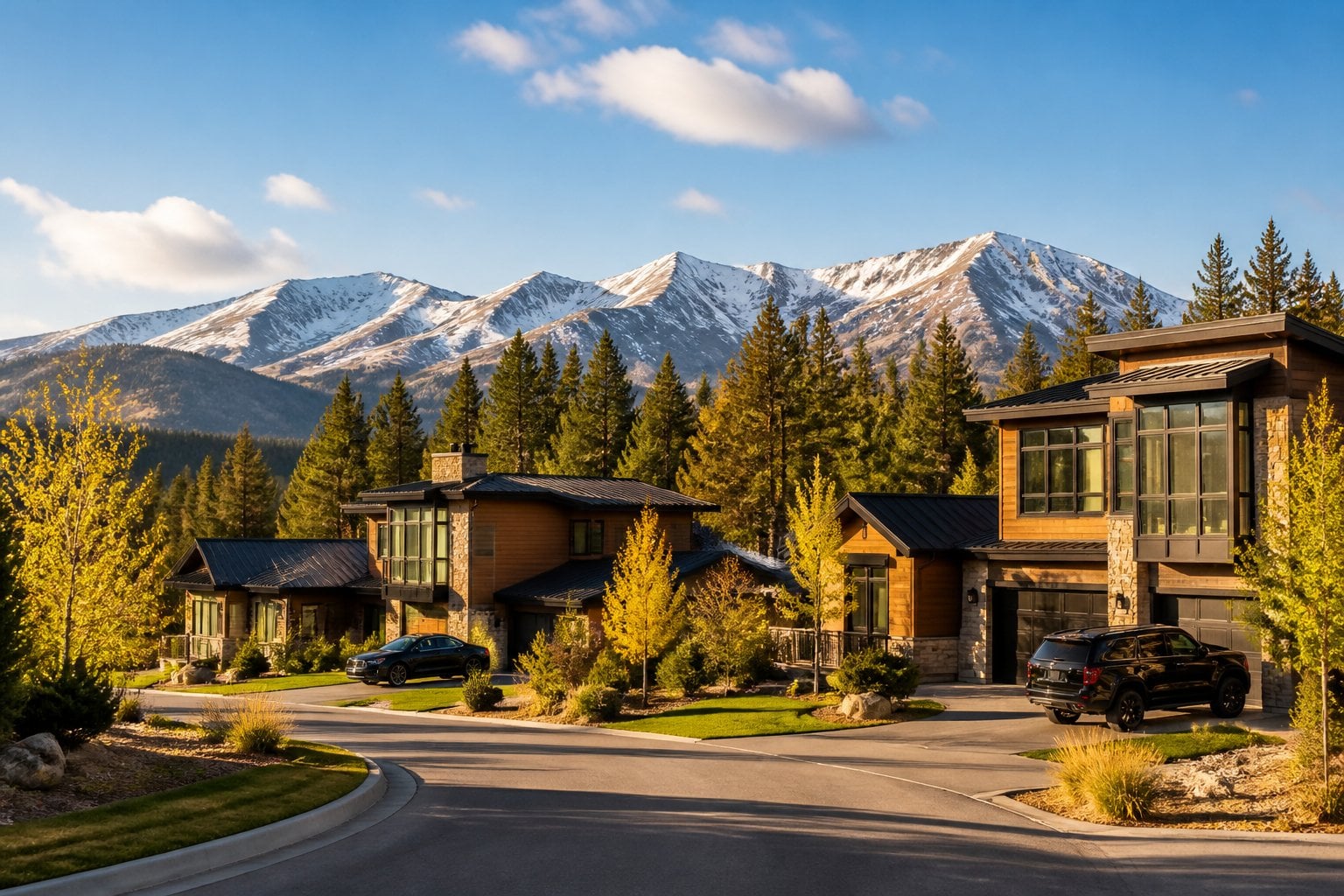 Luxurious mountain homes surrounded by pine trees and snow-capped peaks in a sunny upscale neighborhood.