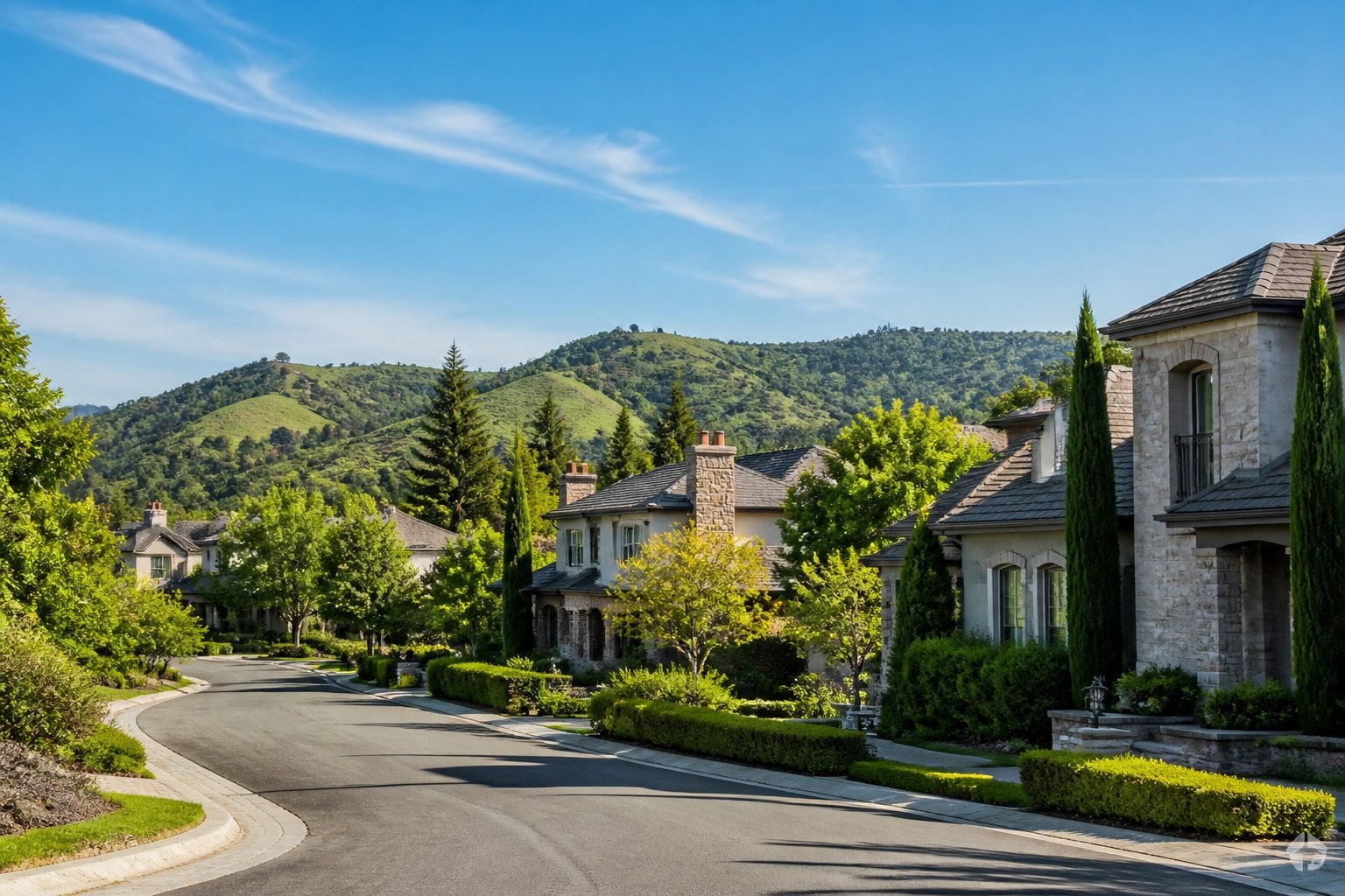 A scenic view of a quiet, upscale neighborhood with large houses, trees, and hills in the background.