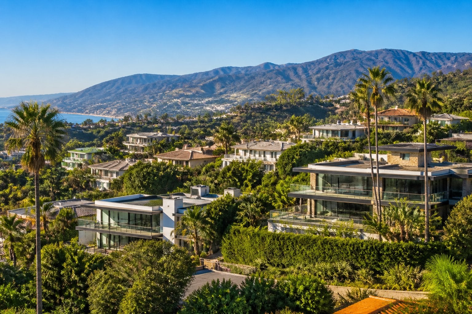 A sunny view of upscale homes and palm trees in a residential neighborhood with hills and blue sky in the background.