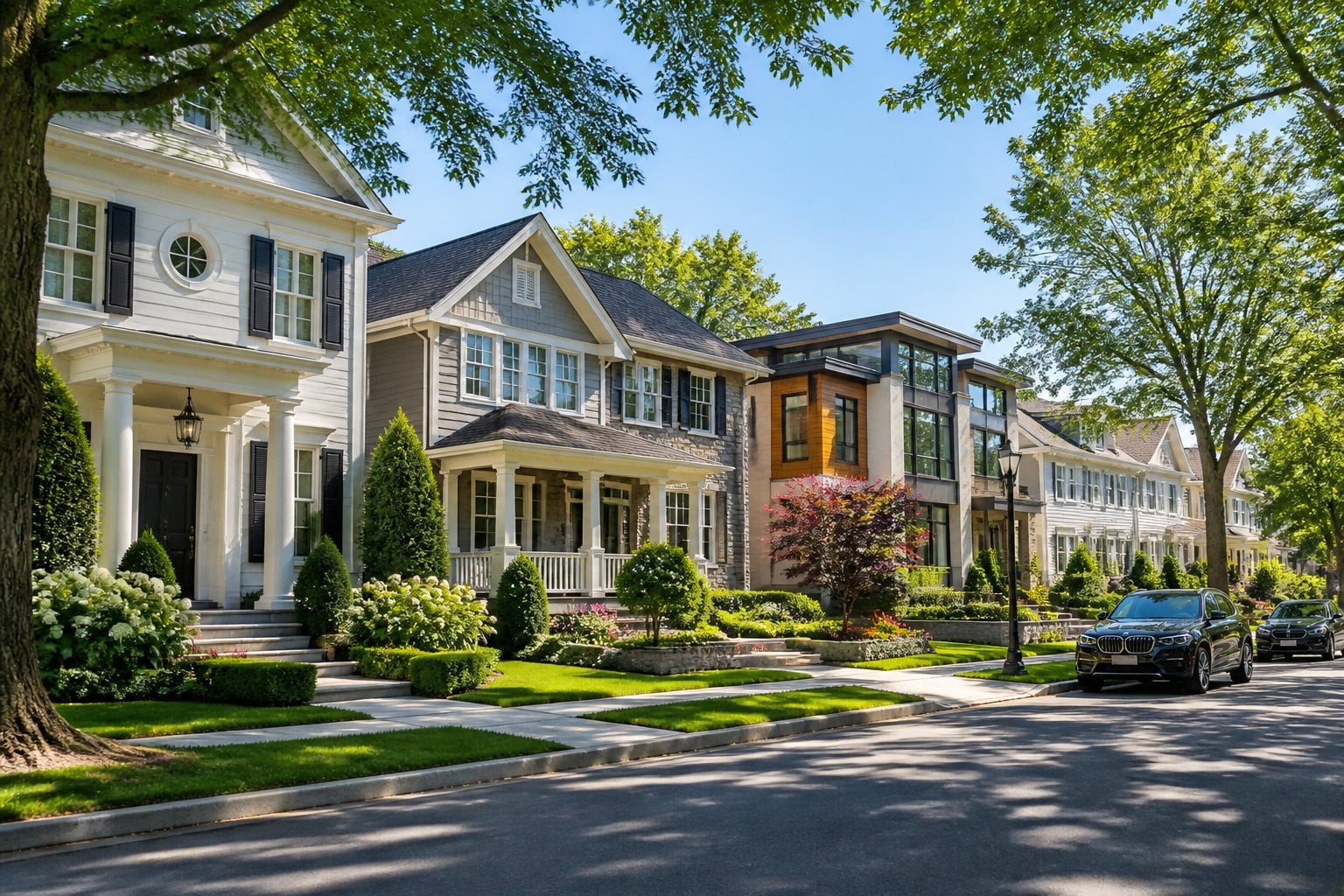 A wide street lined with luxury homes, manicured lawns, and parked cars in an upscale American neighborhood.