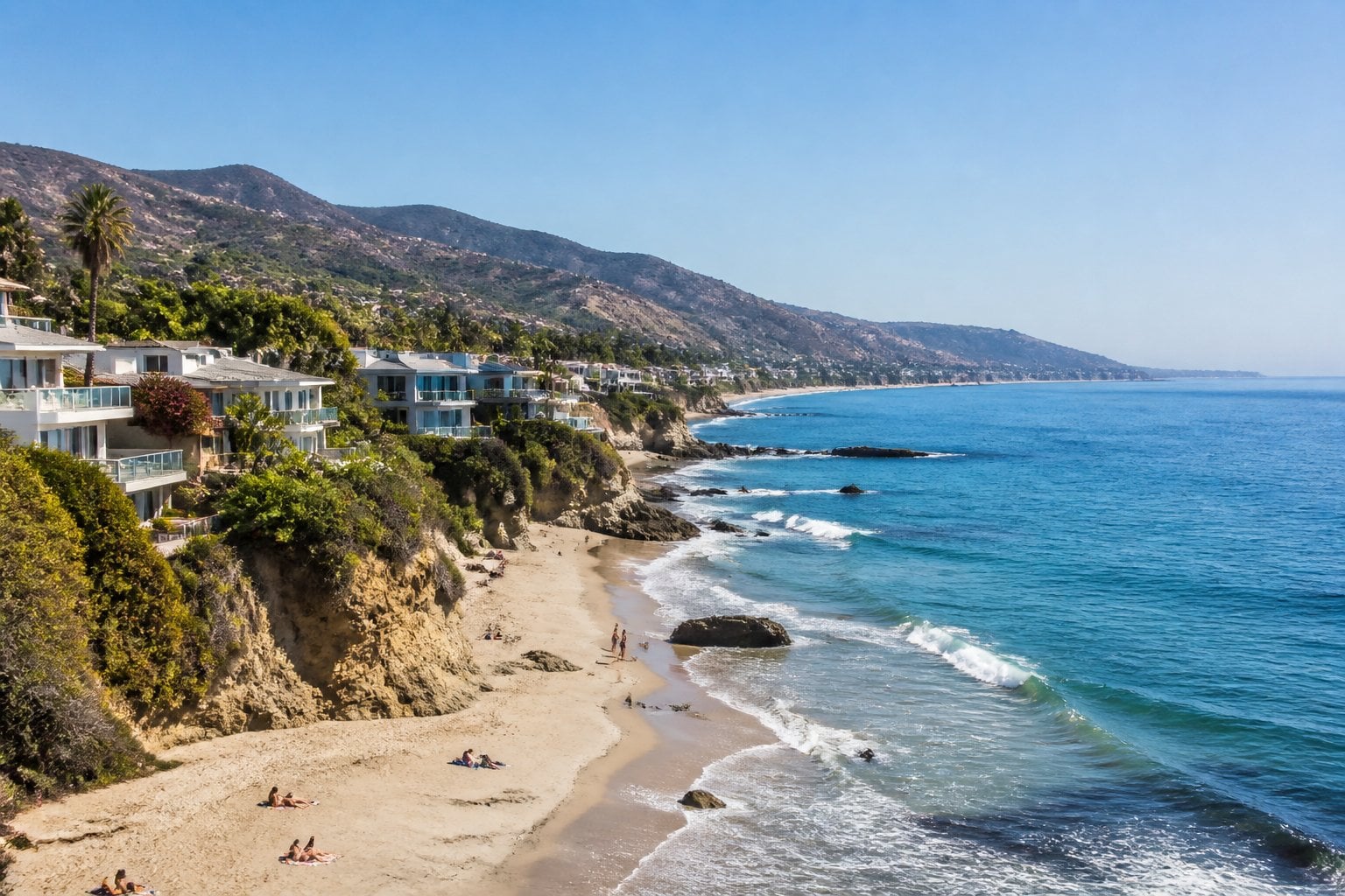 Panoramic view of Malibu coastline with beachfront homes, sandy beach, ocean waves, and coastal hills under a clear sky.
