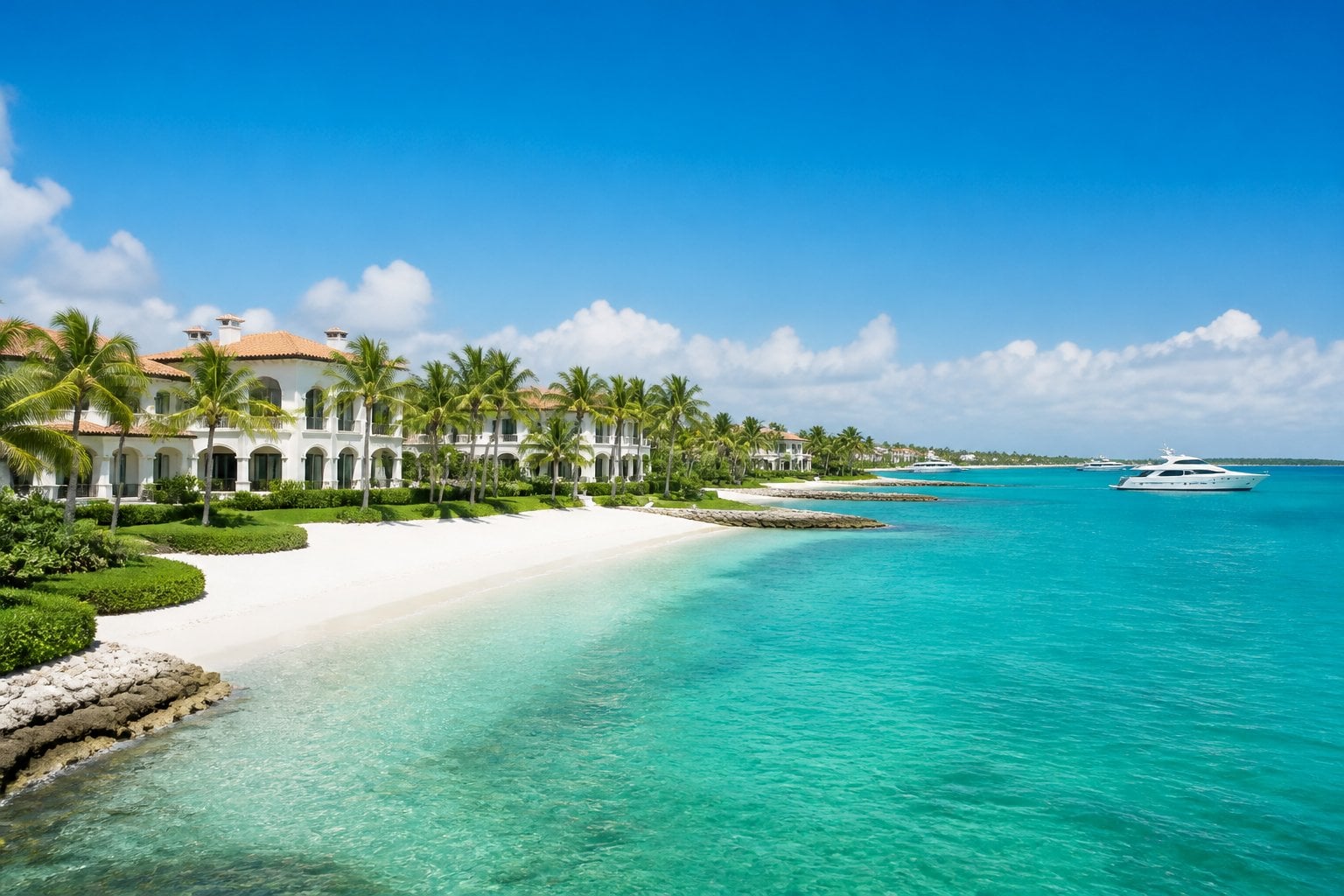 A beautiful beach with clear turquoise water, white sand, palm trees, and luxury beachfront homes along the shore.