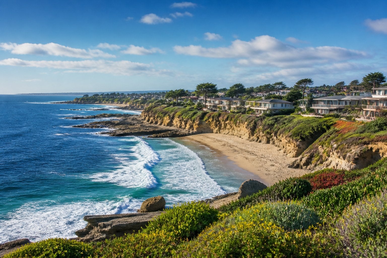 A scenic view of Monterey, California coastline with cliffs, ocean waves, sandy beach, and seaside houses under a sunny sky.
