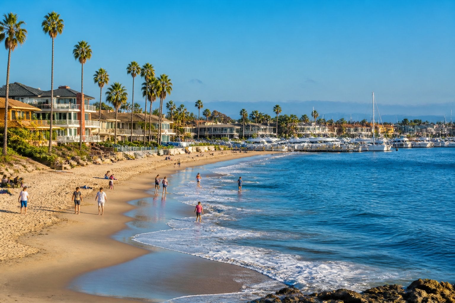 A sunny beach scene in Newport Beach with sand, ocean waves, palm trees, luxury homes, and boats at a marina.