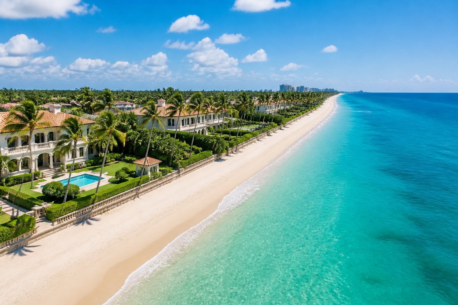 Aerial view of Palm Beach, Florida, showing white sandy beaches, palm trees, clear blue ocean, and luxury beachfront homes.