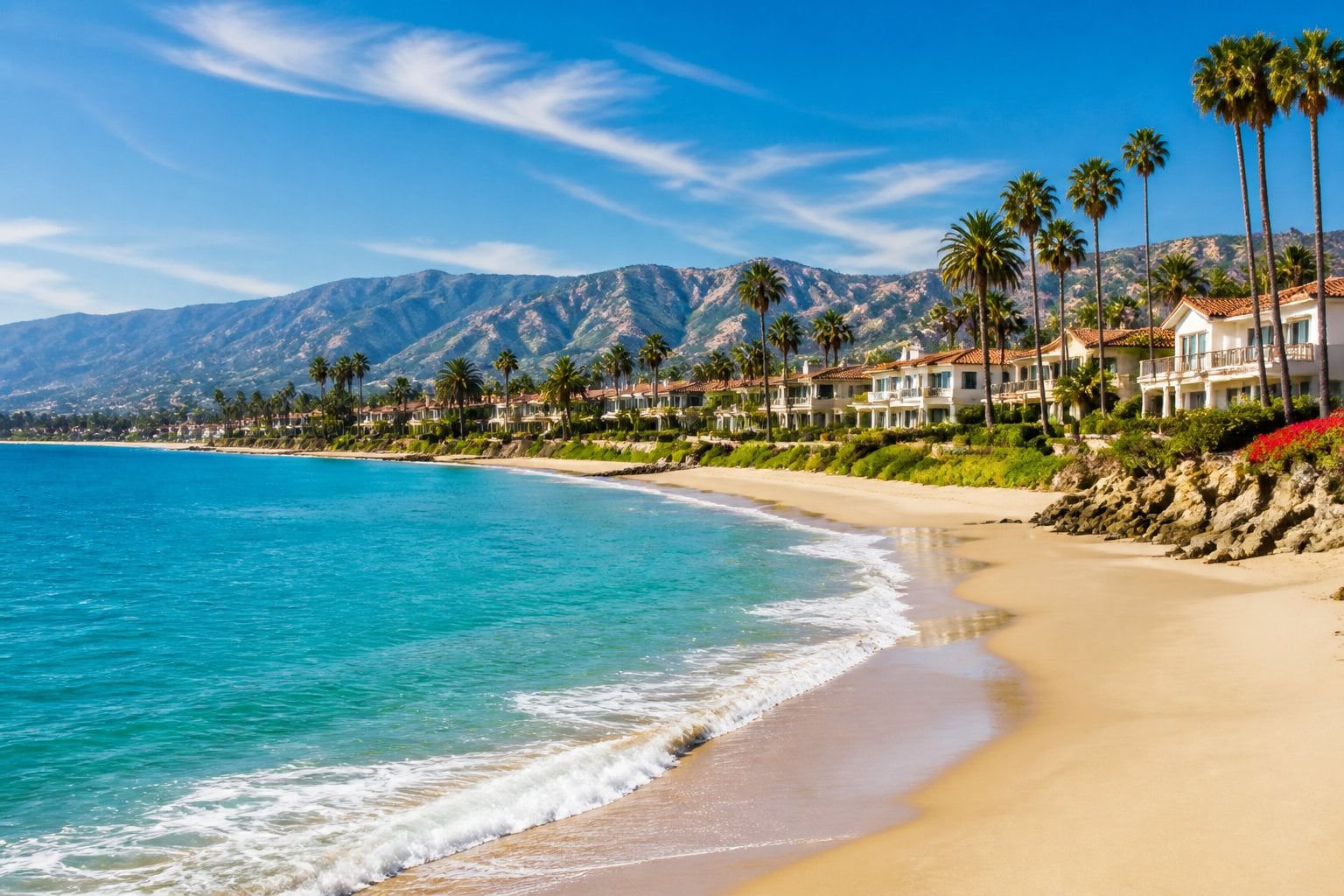 A sunny beach in Santa Barbara, California, with clear blue ocean, sandy shore, palm trees, and luxury homes in the background.