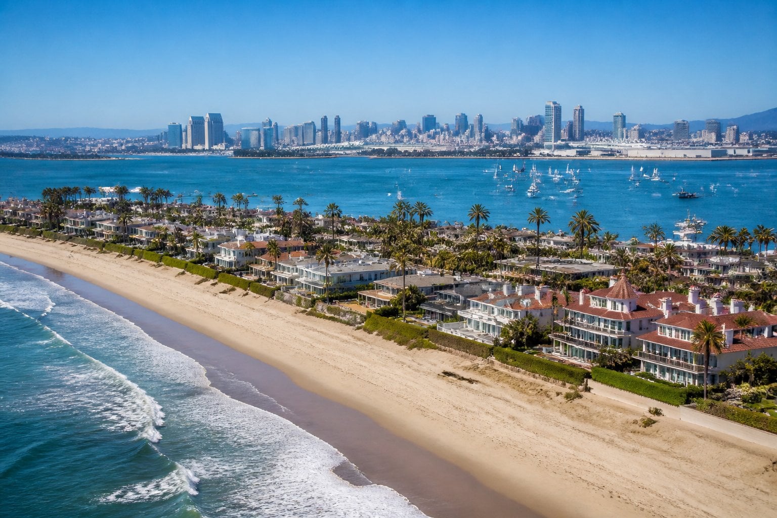 A sandy beach with palm trees, beach houses, calm ocean waves, sailboats in the bay, and a distant city skyline.