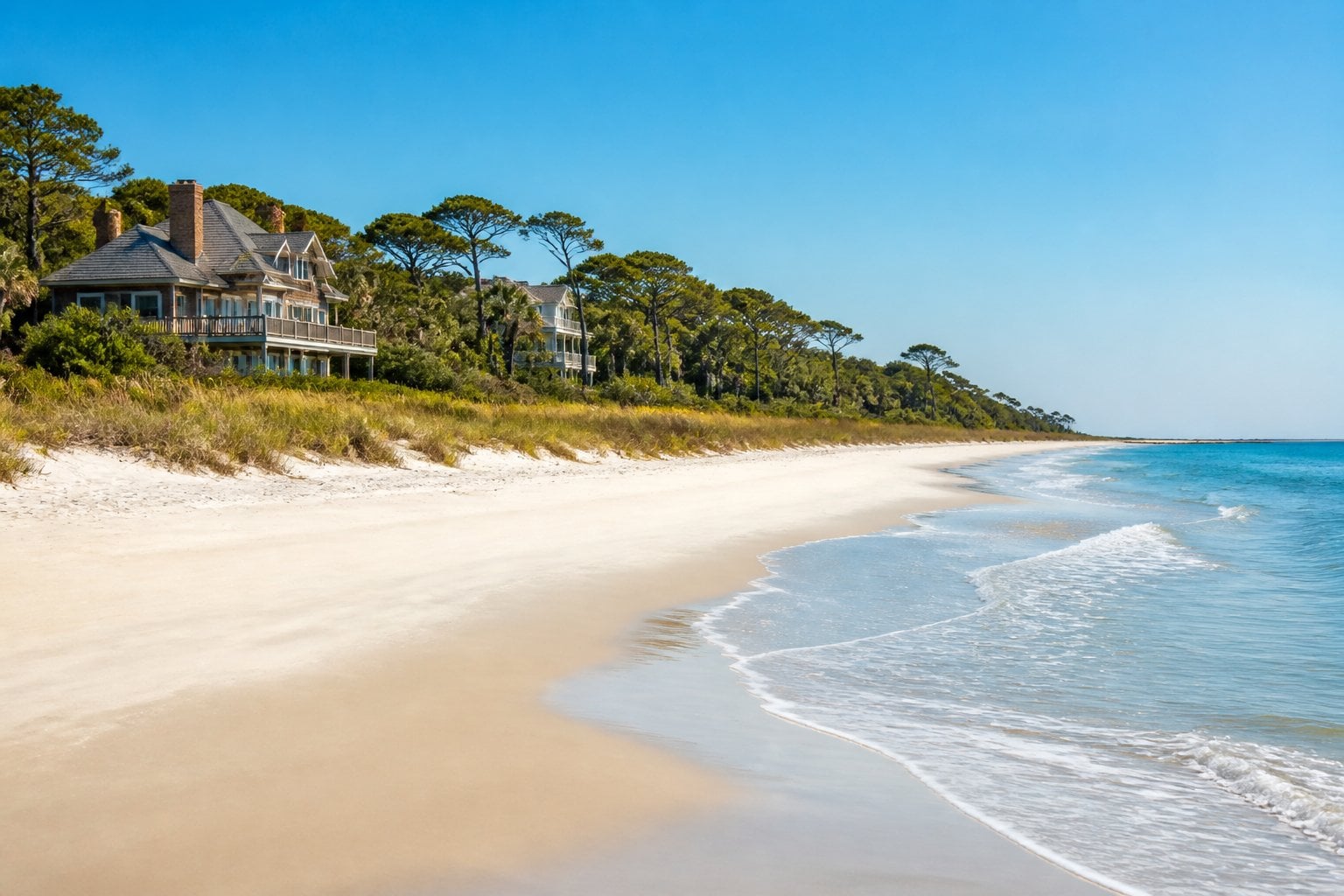 A peaceful beach with white sand, calm turquoise water, green trees, and upscale beachfront homes in the background.