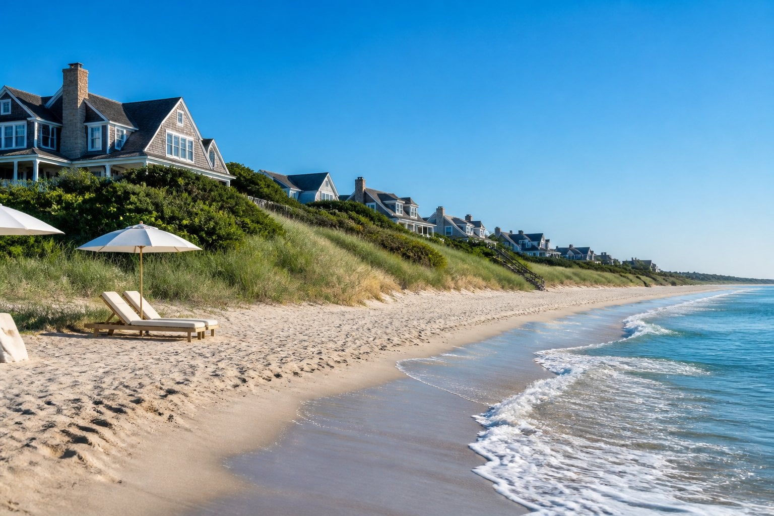 A peaceful beach in Amagansett, New York with sandy shores, gentle waves, coastal houses, and clear blue sky.