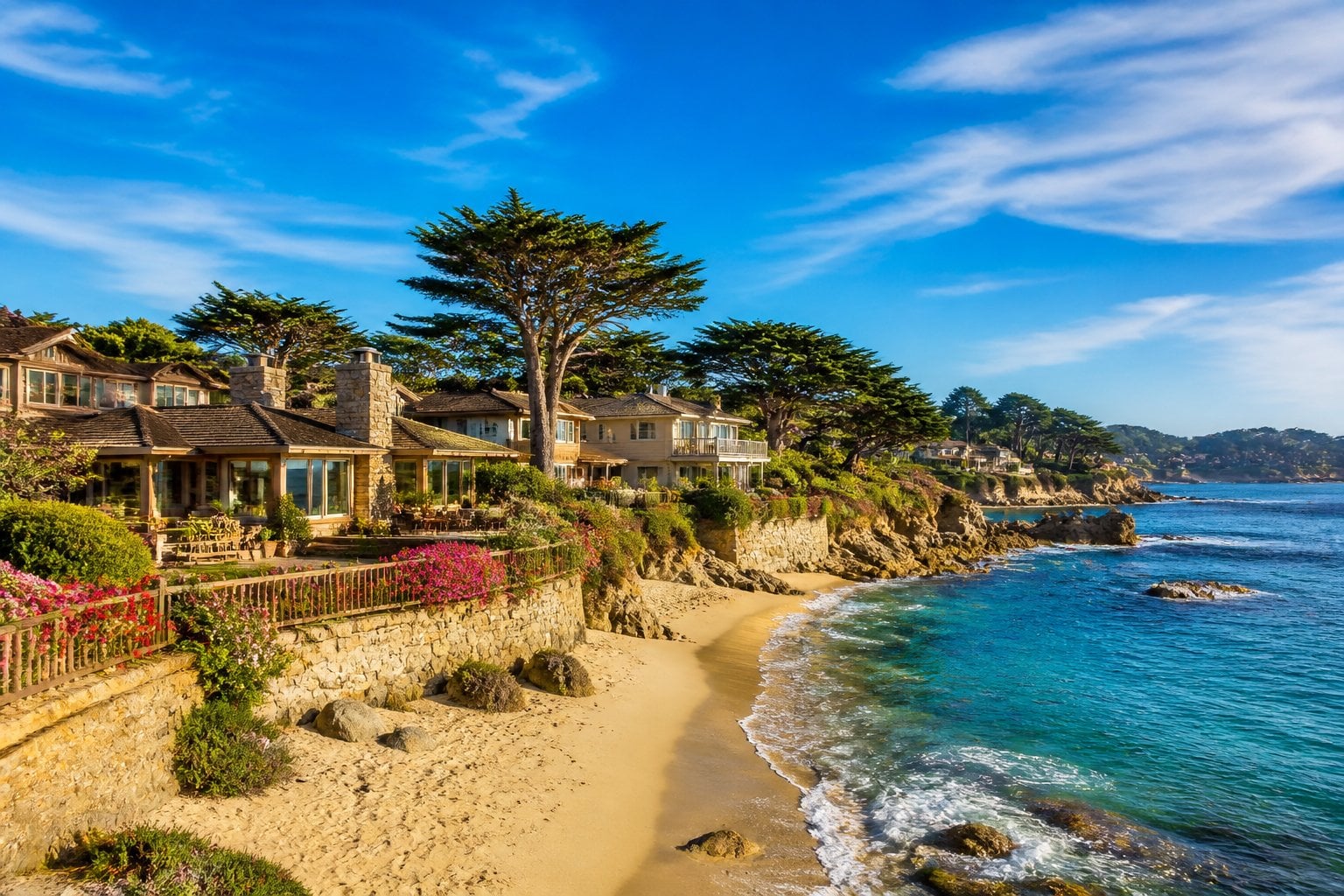 Coastal view of Carmel-by-the-Sea, California, showing sandy beach, turquoise ocean waves, coastal cottages, cliffs, and cypress trees under a blue sky.