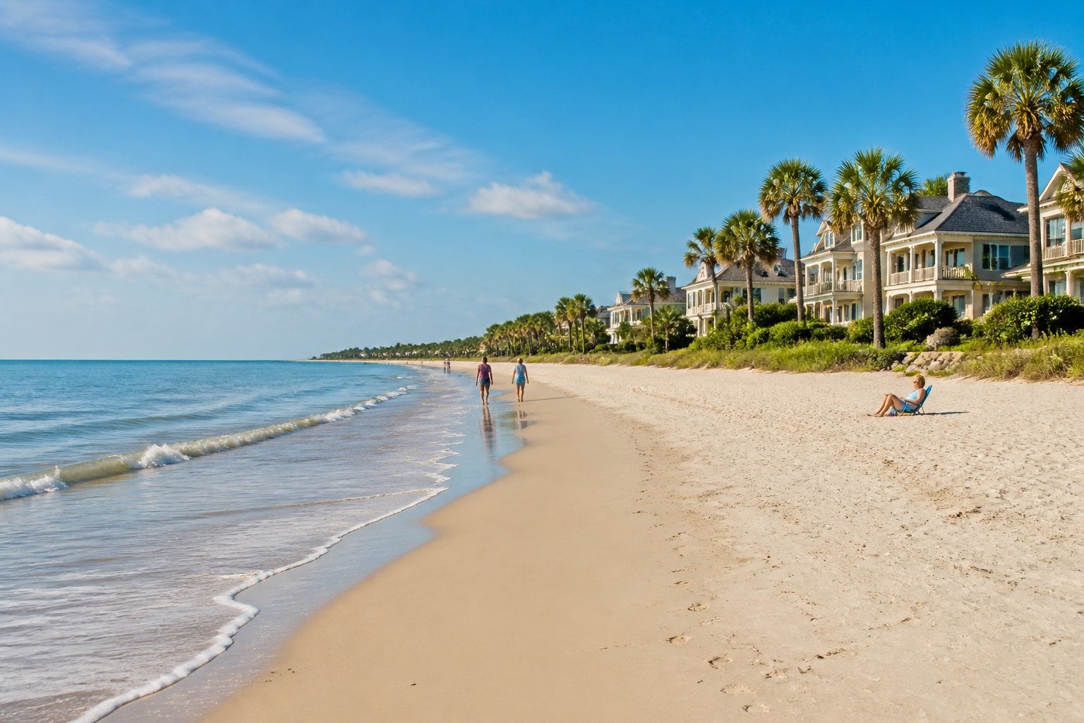 A sunny beach on Hilton Head Island, South Carolina, with waves, sand, palm trees, and elegant beachfront homes.