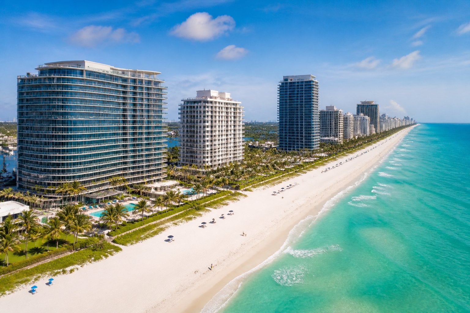 Aerial view of a beach with white sand, turquoise ocean, palm trees, and tall beachfront buildings in Bal Harbour, Florida.