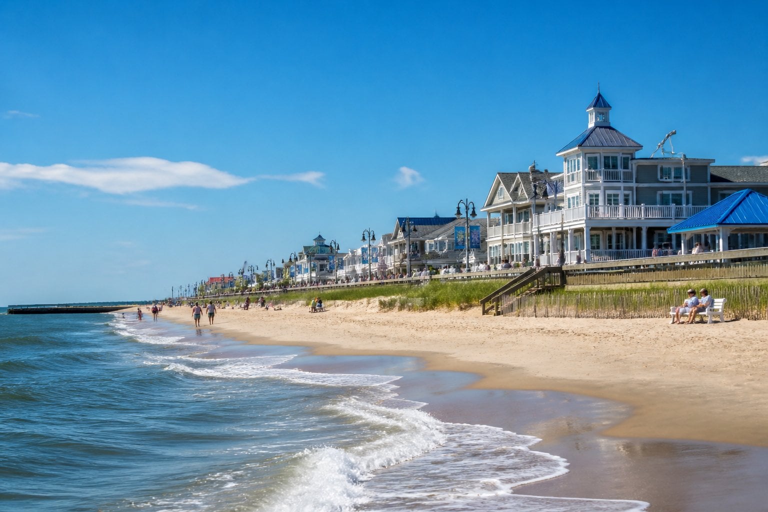 A sunny beach with gentle waves, upscale homes, and people walking along a boardwalk in Rehoboth Beach, Delaware.
