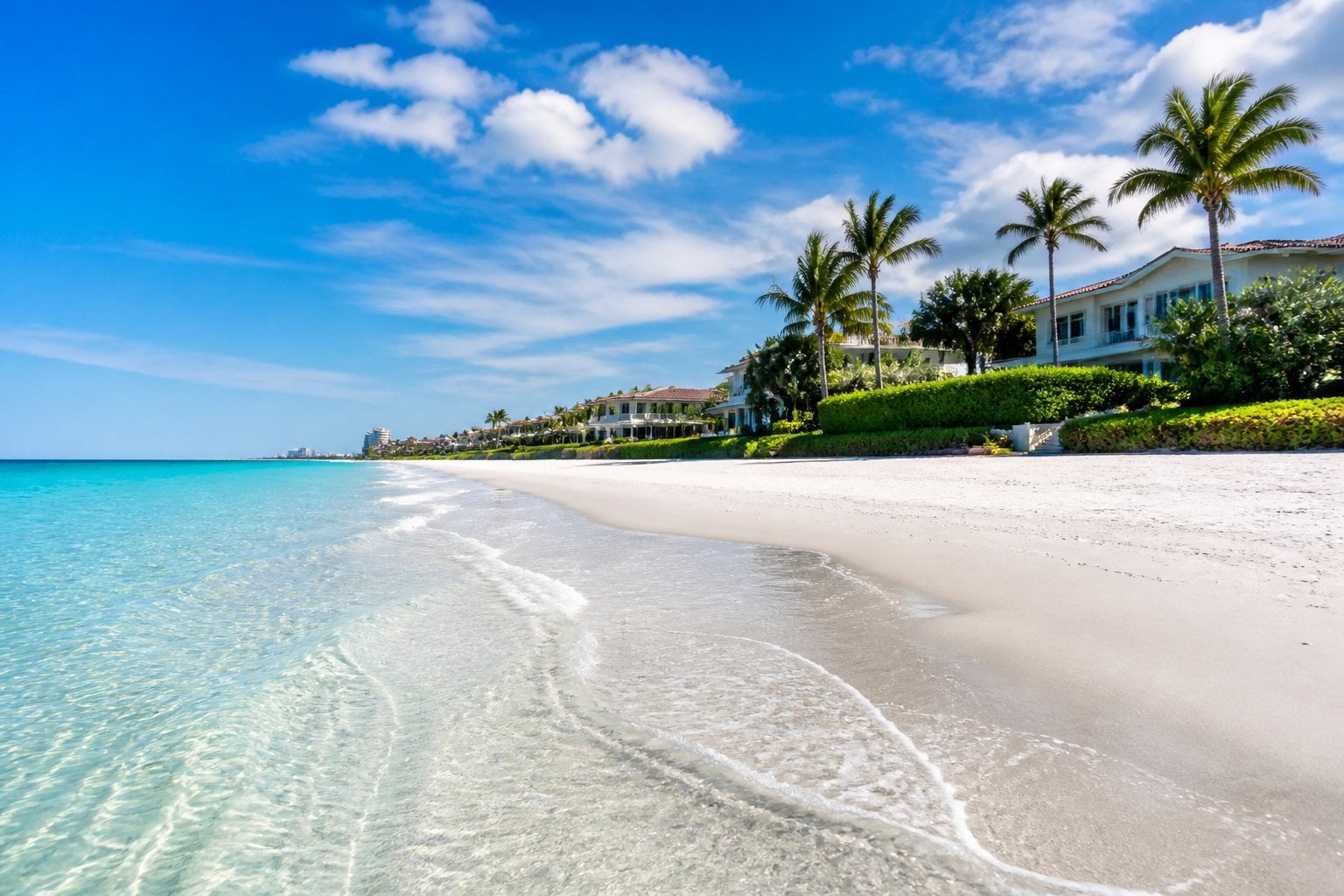 A sunny beach with white sand, clear turquoise water, palm trees, and beachfront homes along the shore.