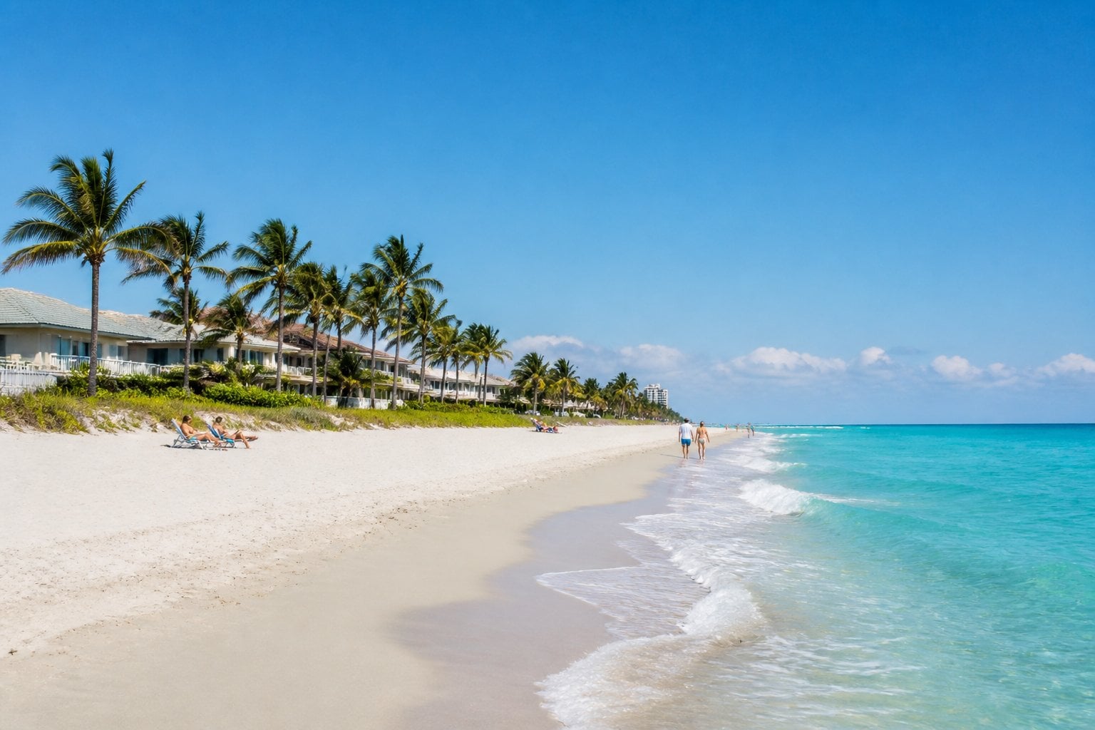 A sunny beach in Delray Beach, Florida with white sand, turquoise water, palm trees, and luxury homes in the background.