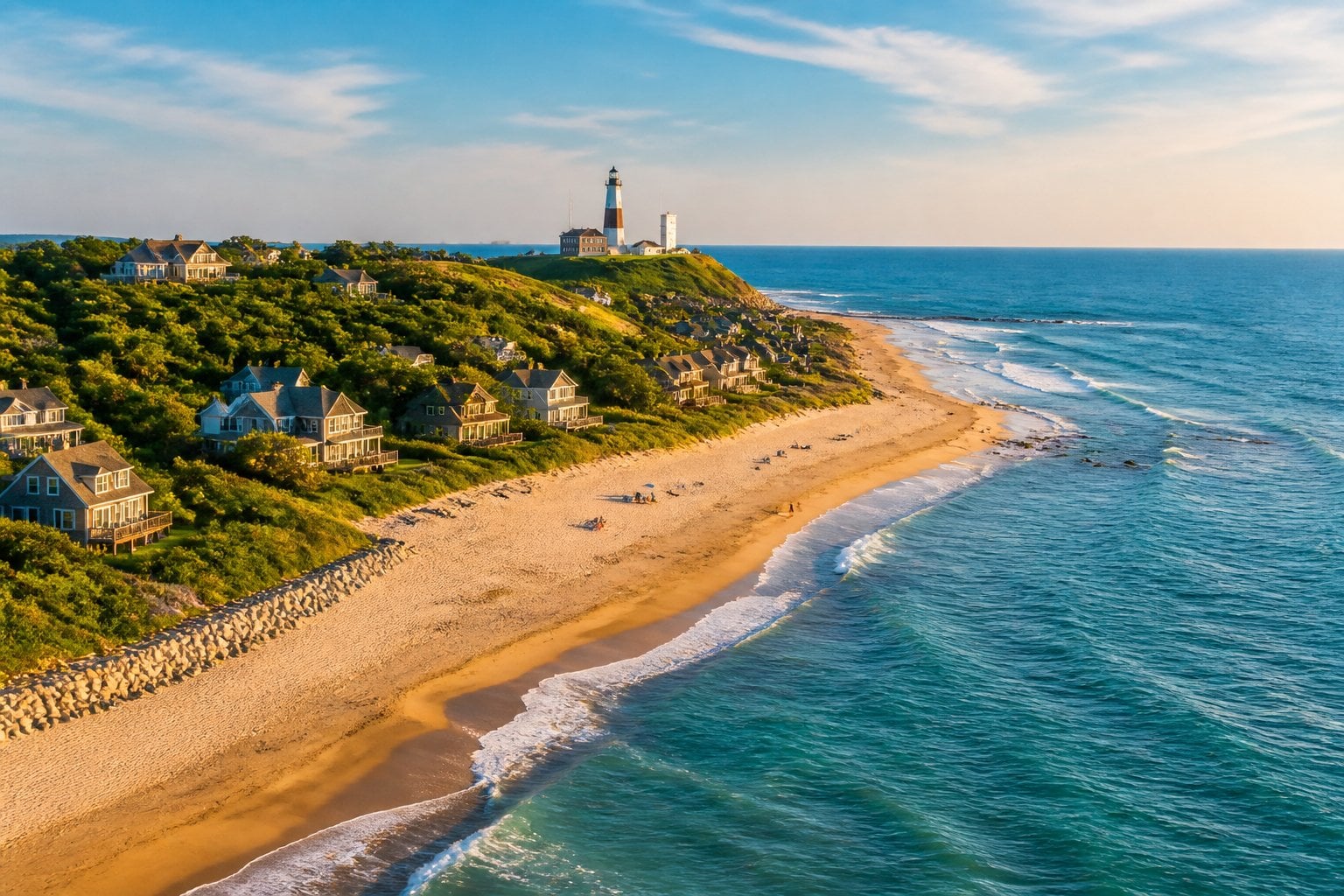 Aerial view of Montauk beach with sandy shore, ocean waves, coastal homes, and greenery under a clear sky.