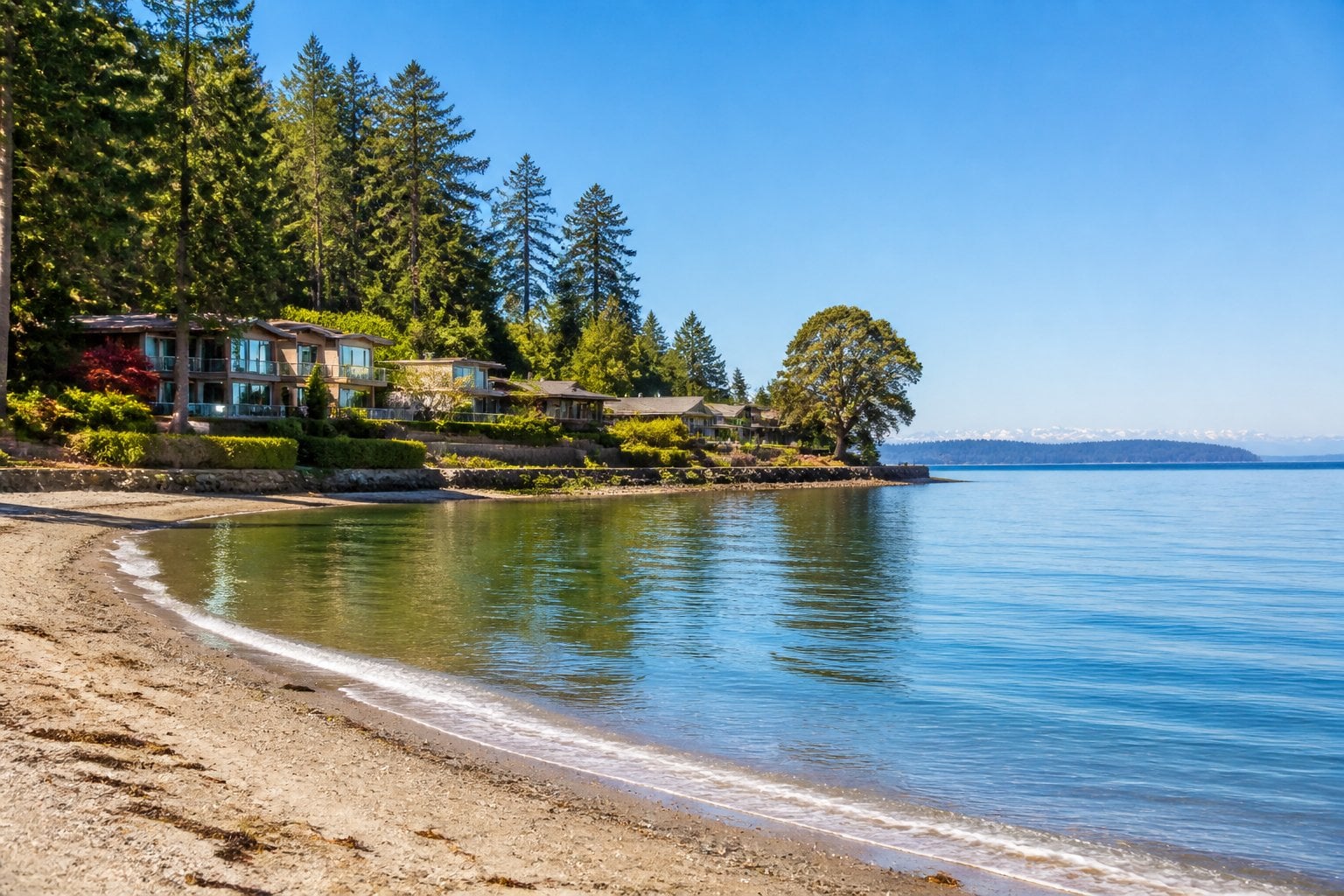 A calm sandy beach with gentle waves, upscale homes among evergreen trees, and distant islands under a clear blue sky.