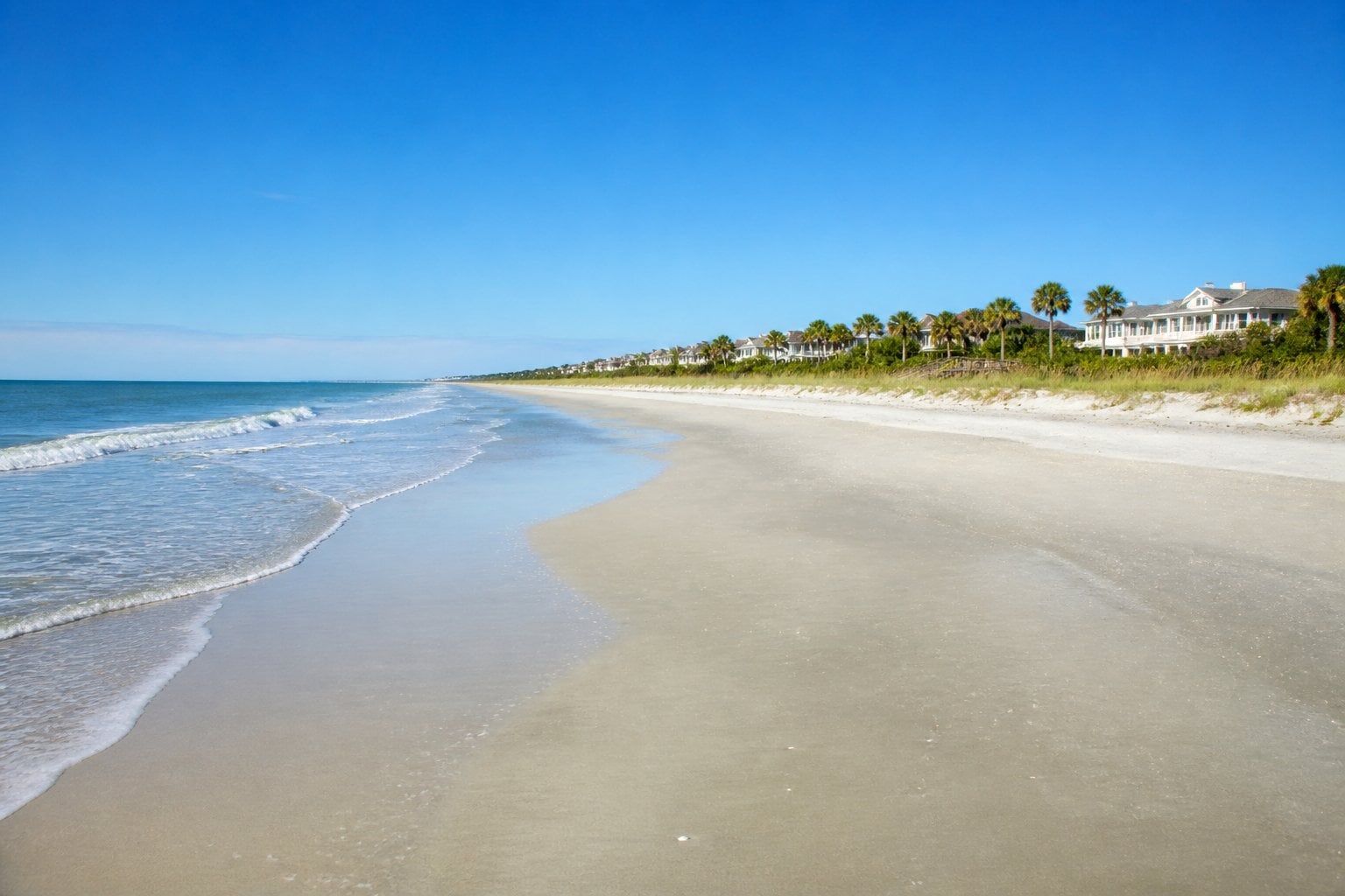 A wide view of a sandy beach with gentle waves, coastal vegetation, and distant beach houses under a clear blue sky.