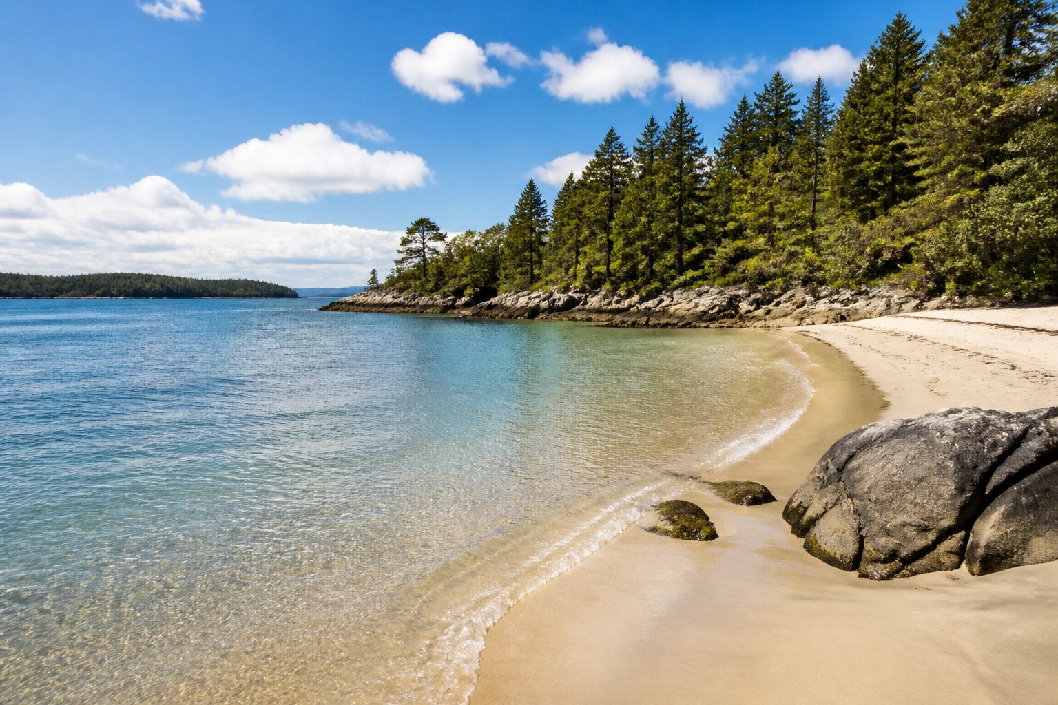 A calm sandy beach with clear ocean water, green pine trees, and rocky coastline under a blue sky.