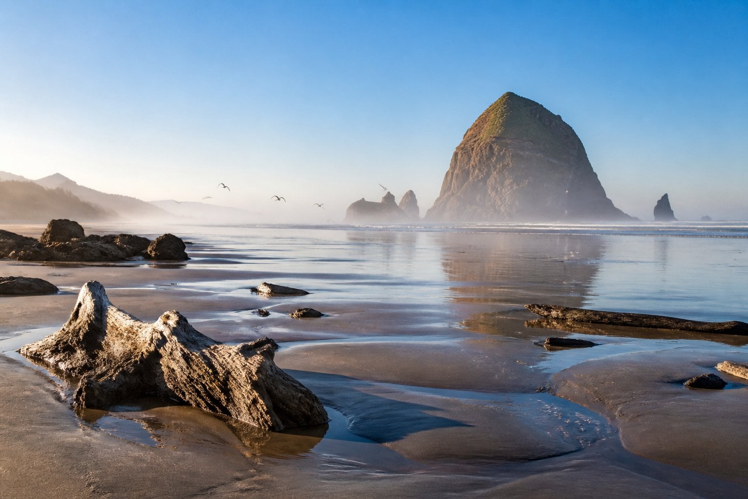 A sandy beach near Cannon Beach, Oregon, with large sea stacks rising from the ocean and gentle waves under a clear sky.