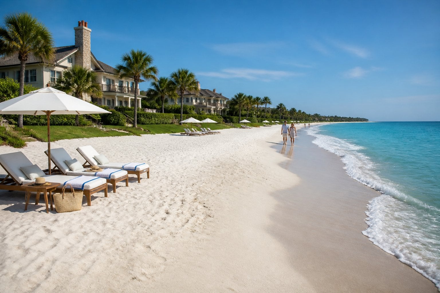 A peaceful beach with white sand, turquoise water, palm trees, and elegant beachfront homes under a clear sky.