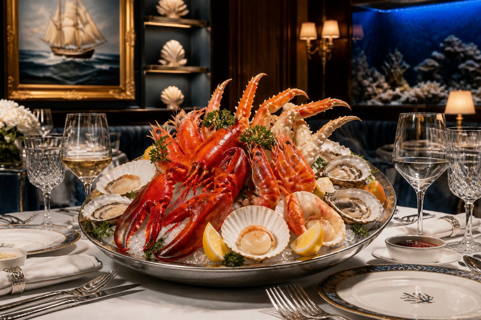 A beautifully set dining table with an elegant seafood platter including lobster, oysters, crab legs, and shrimp inside a refined seafood restaurant.