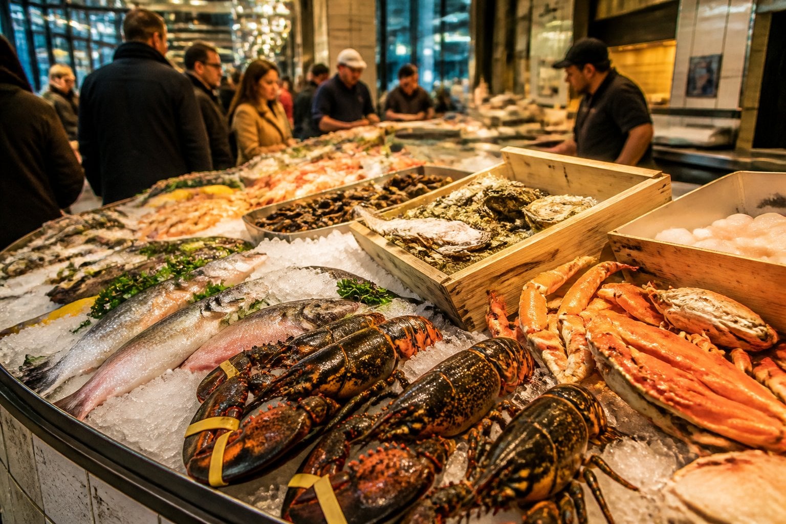 Fresh seafood including lobsters, crabs, and fish displayed on ice at a busy seafood market stall.