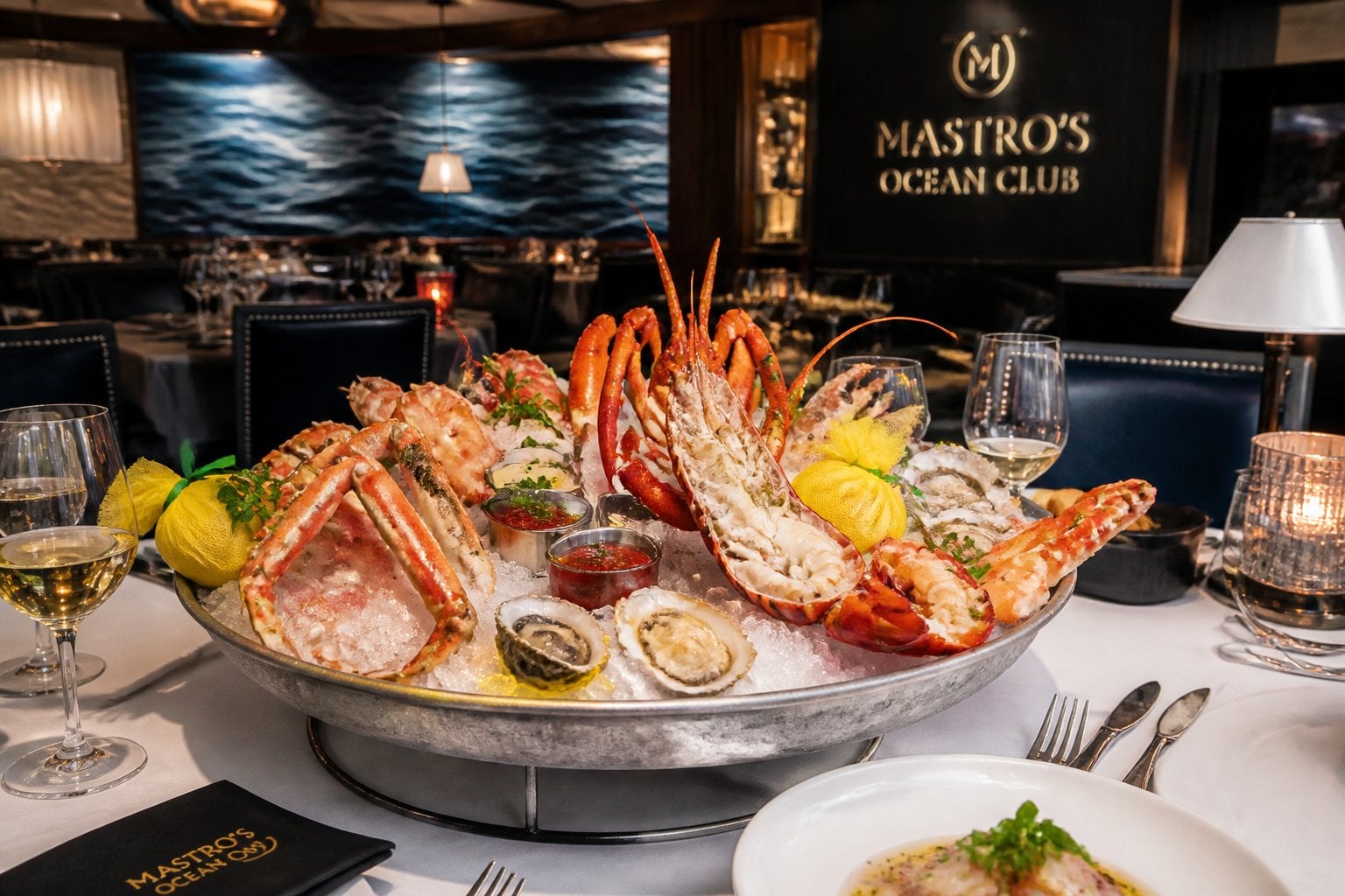 A luxurious seafood platter on a finely set table inside an upscale restaurant with elegant decor.