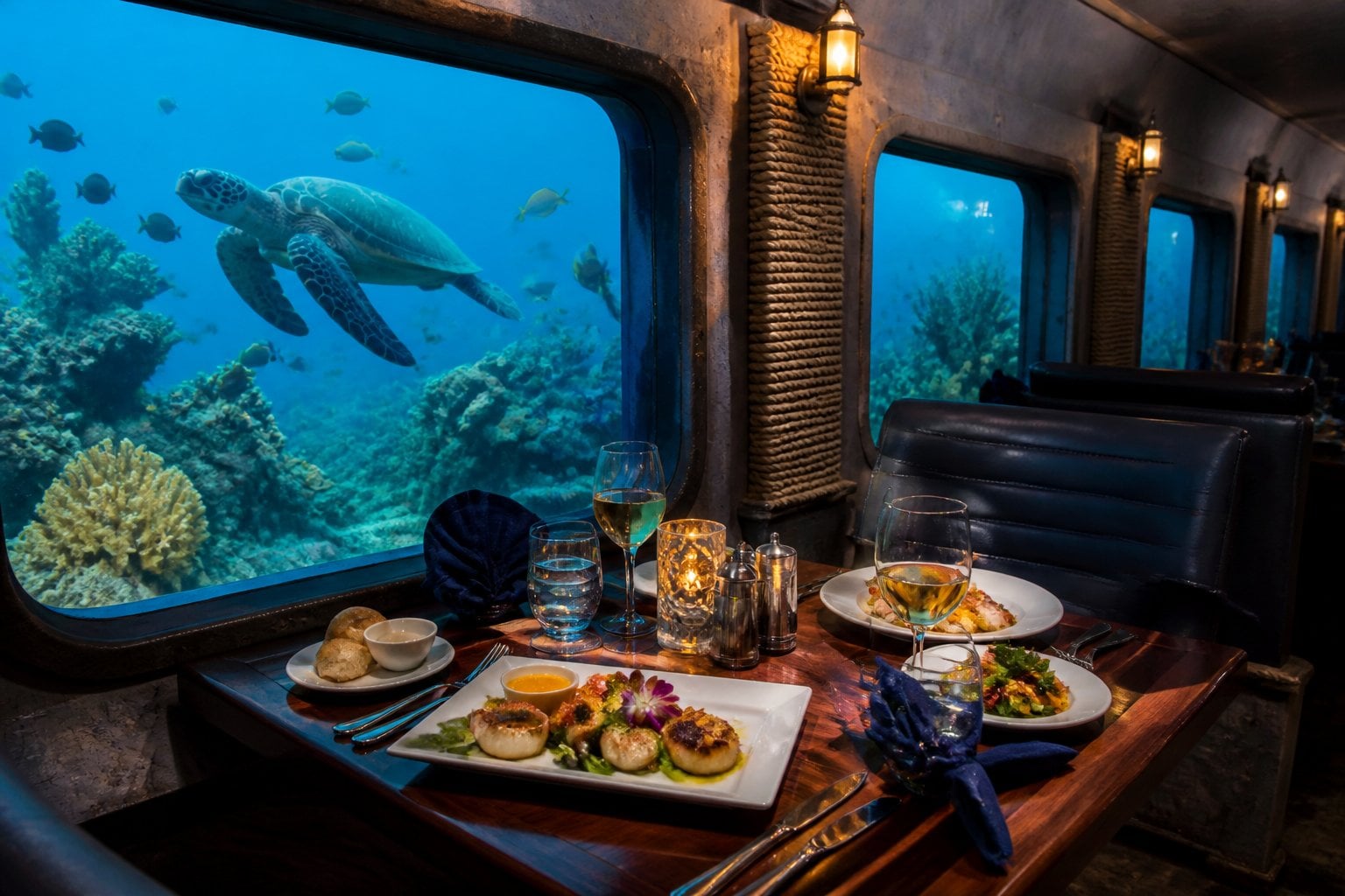 Underwater seafood restaurant with a table set for dining surrounded by coral reefs and swimming fish.